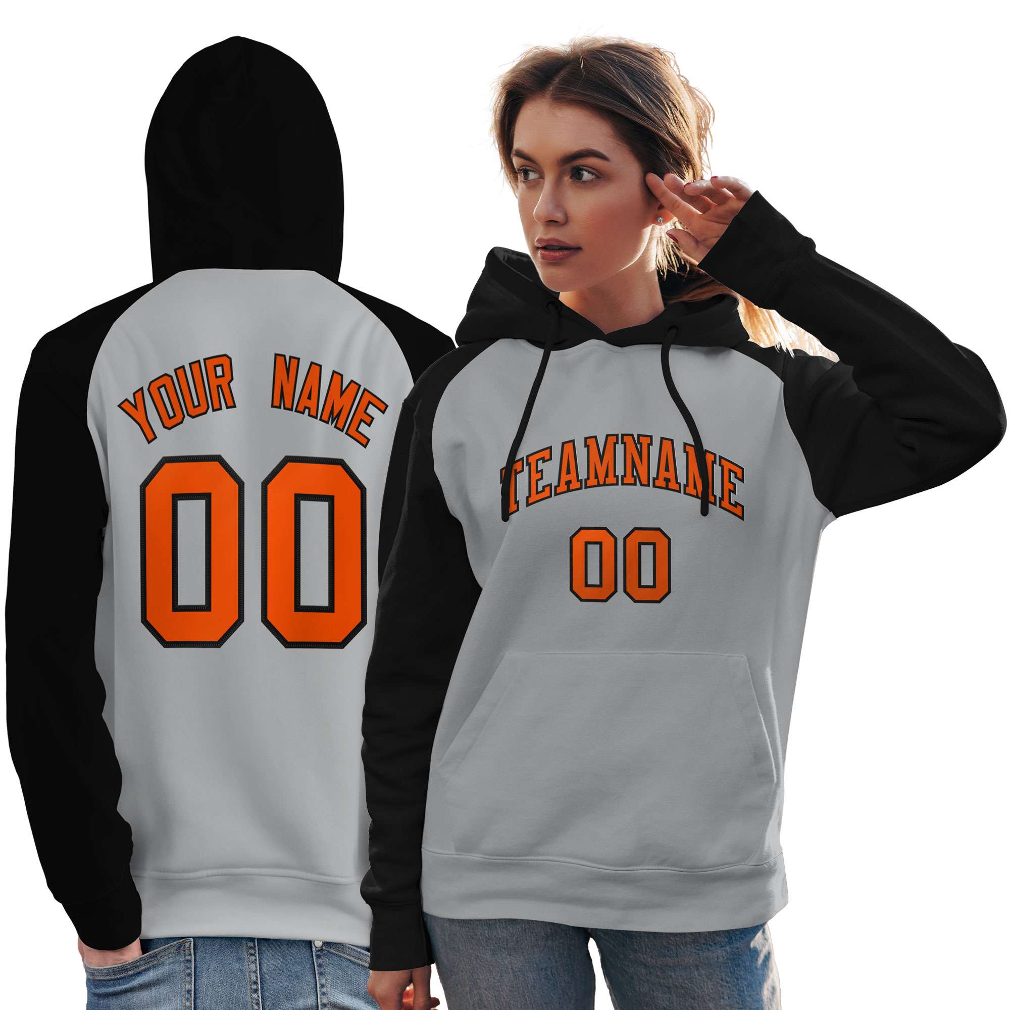 Custom Stitched Gray Black-Orange Raglan Sleeves Sports Pullover Sweatshirt Hoodie For Women