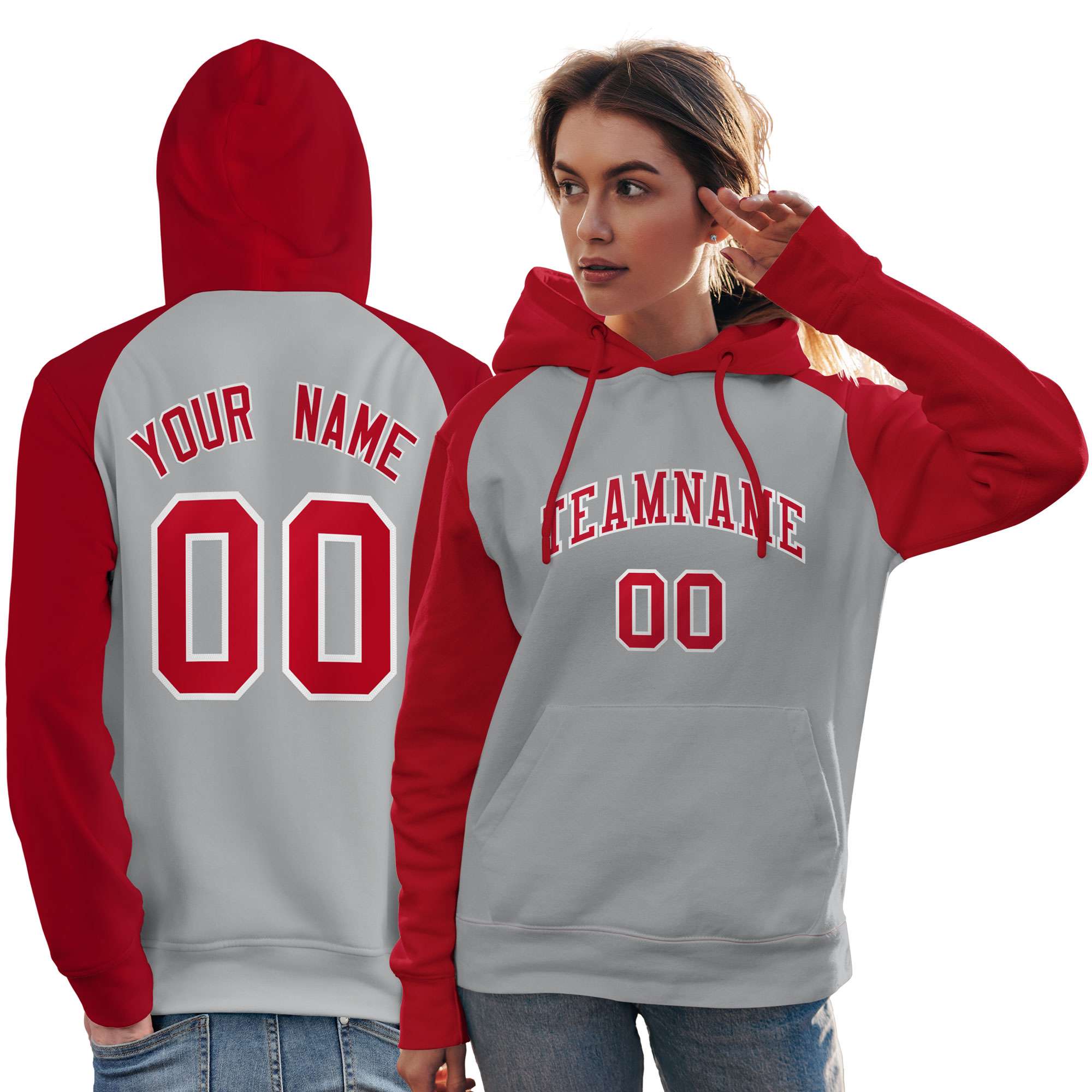 Custom Stitched Gray Red Raglan Sleeves Sports Pullover Sweatshirt Hoodie For Women