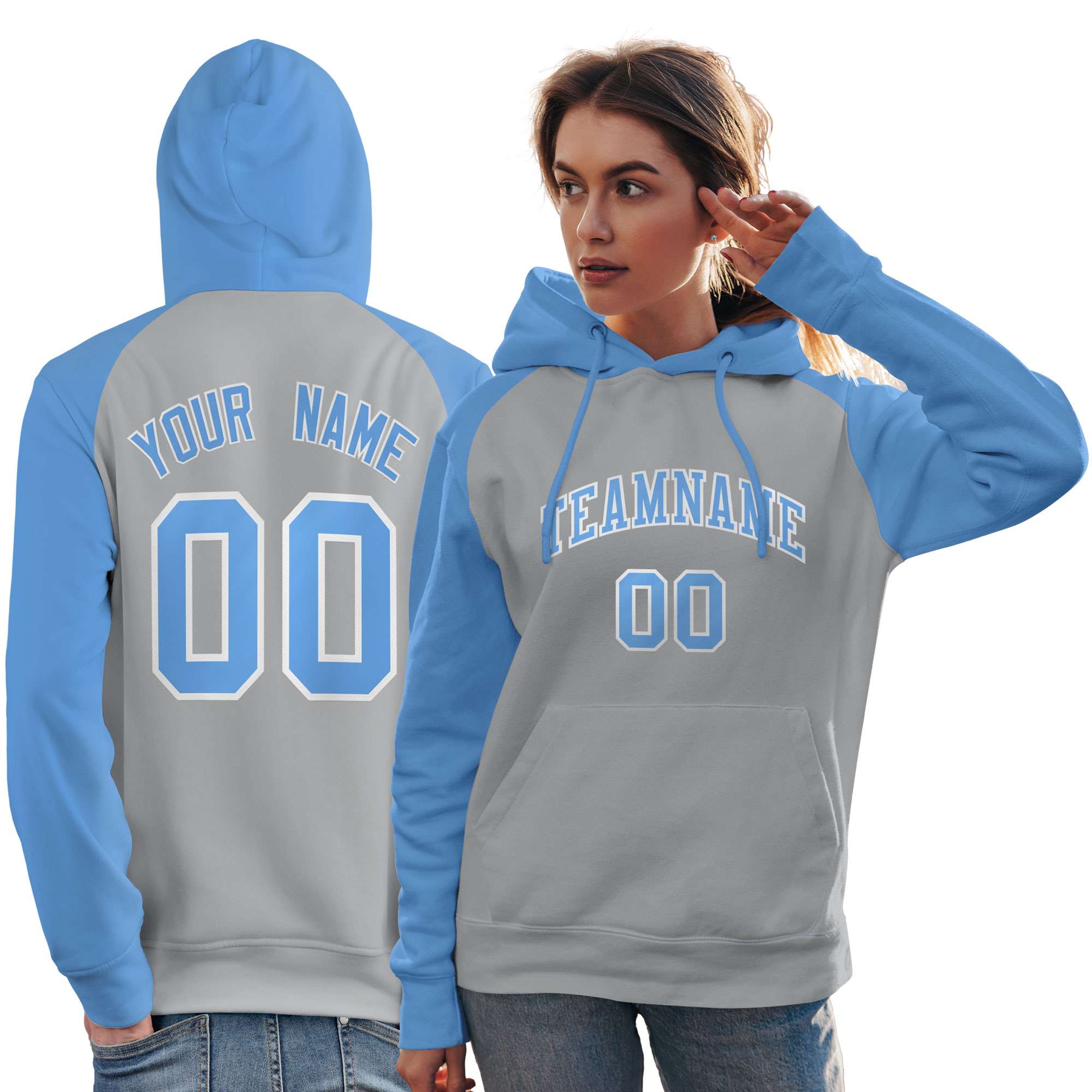 Custom Stitched Gray Powder Blue Raglan Sleeves Sports Pullover Sweatshirt Hoodie For Women