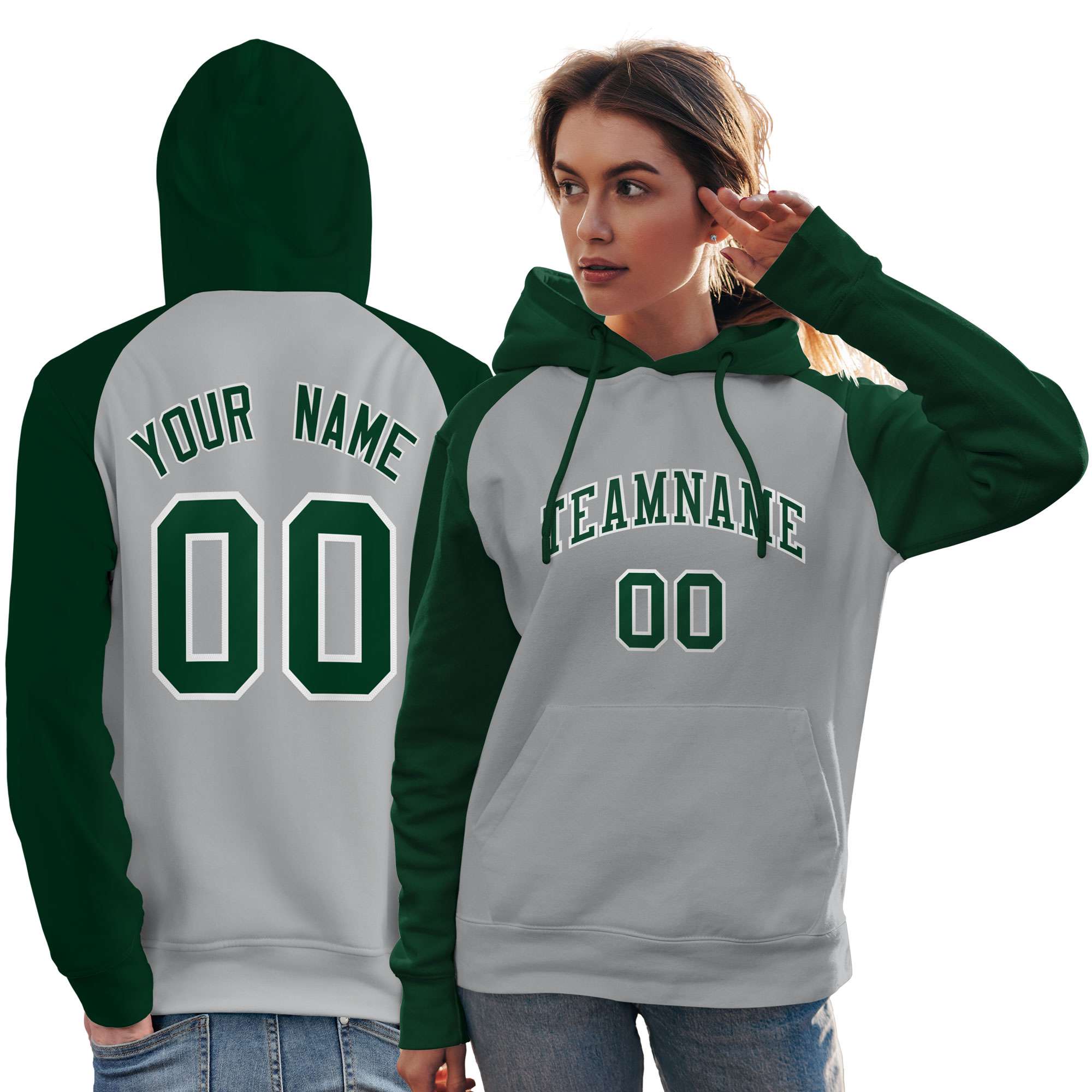 Custom Stitched Gray Green Raglan Sleeves Sports Pullover Sweatshirt Hoodie For Women