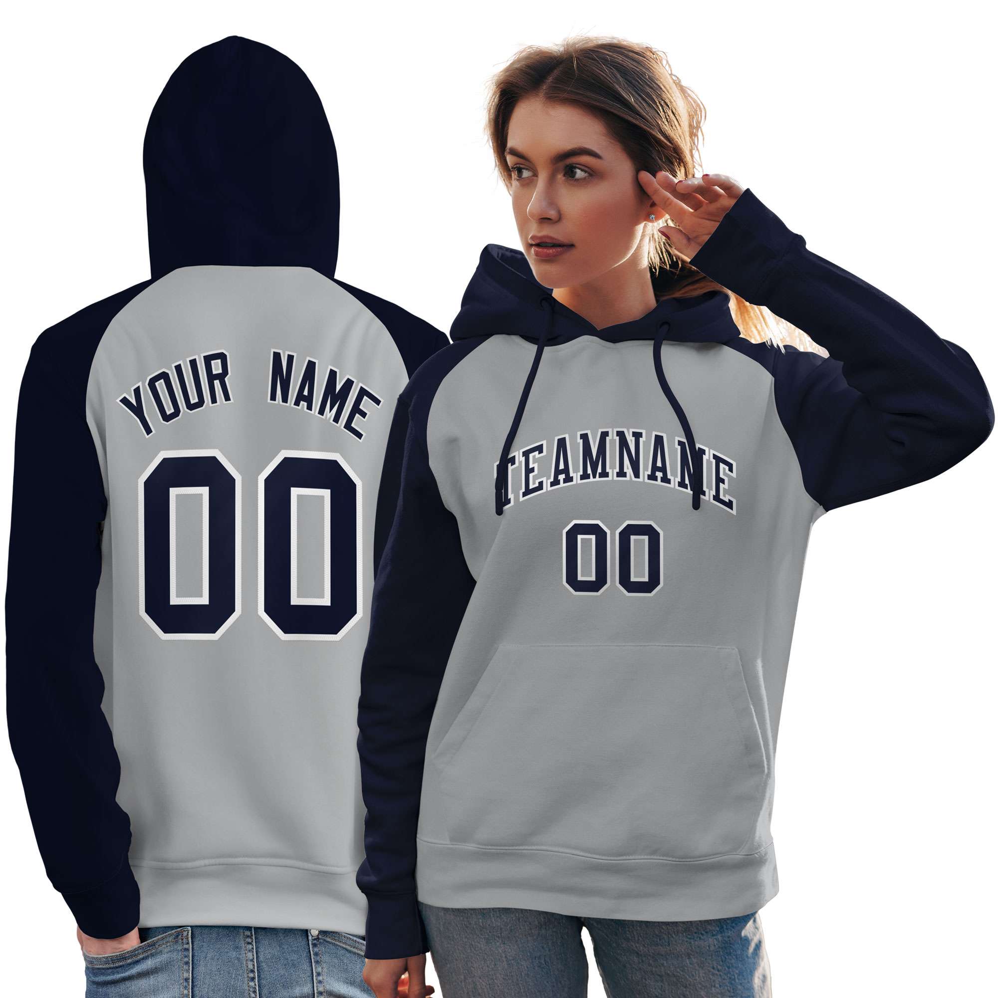 Custom Stitched Gray Navy Raglan Sleeves Sports Pullover Sweatshirt Hoodie For Women