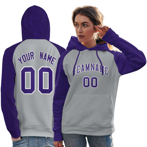 Custom Stitched Gray Purple Raglan Sleeves Sports Pullover Sweatshirt Hoodie For Women