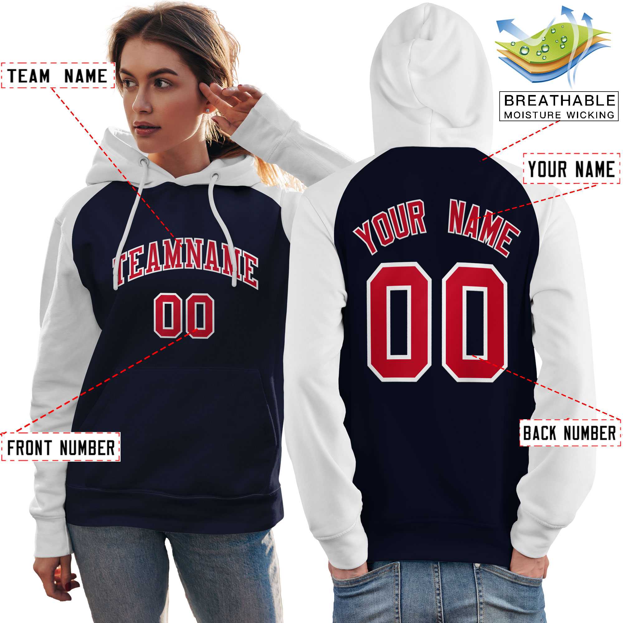 Custom Stitched Navy White-Red Raglan Sleeves Sports Pullover Sweatshirt Hoodie For Women