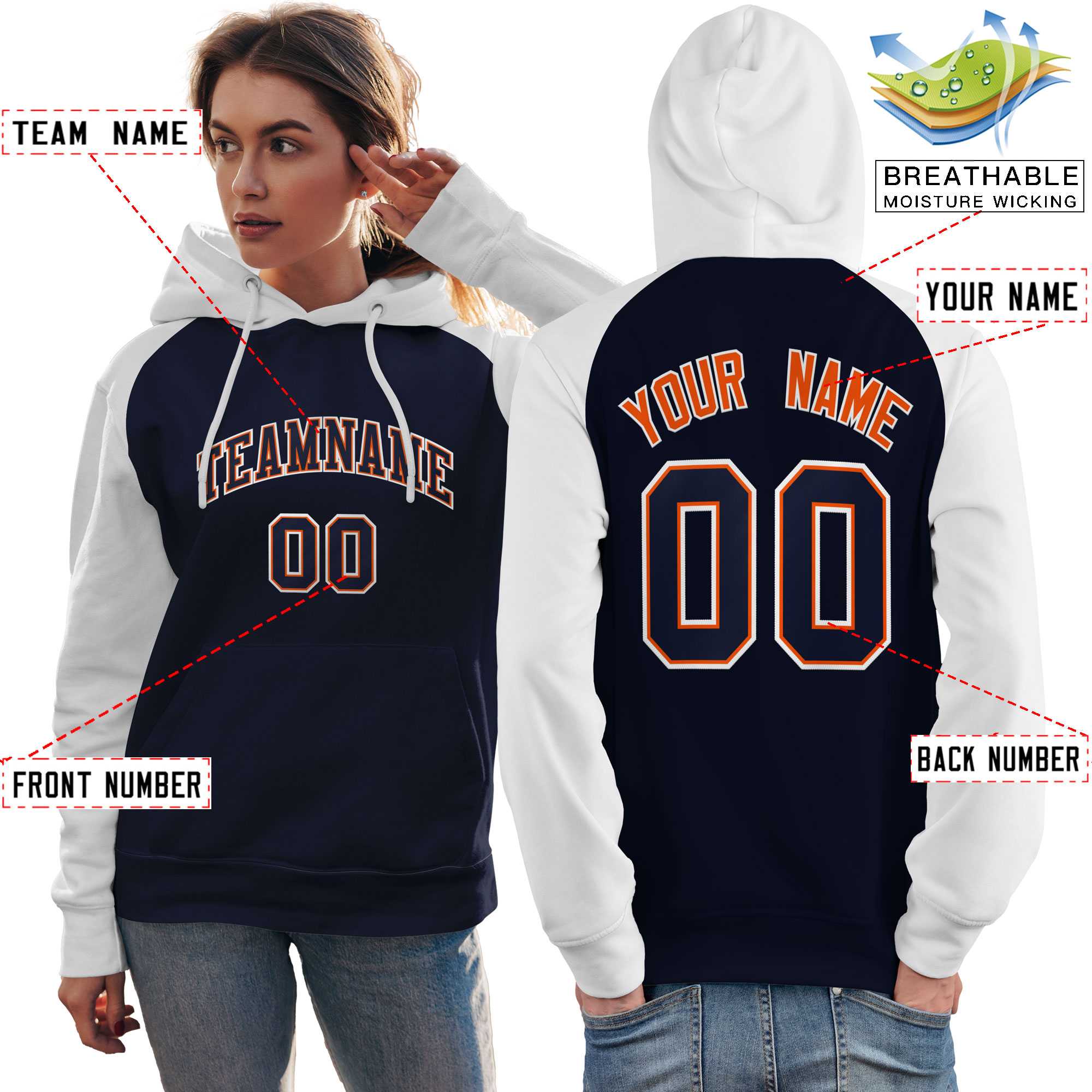 Custom Stitched Navy White Raglan Sleeves Sports Pullover Sweatshirt Hoodie For Women