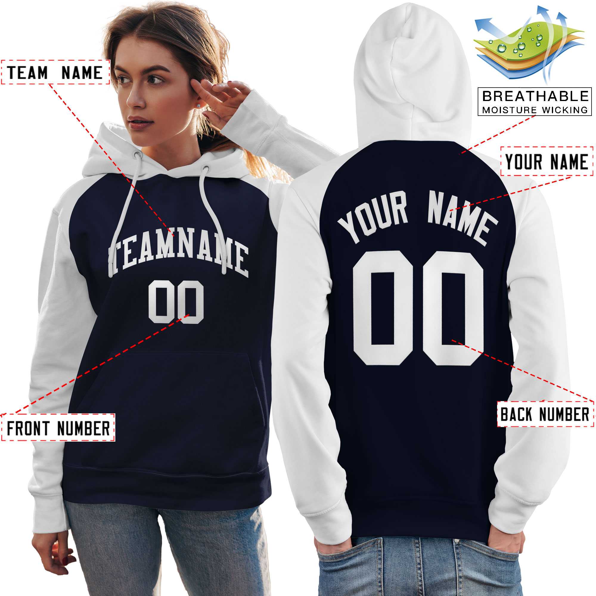 Custom Stitched Navy White Raglan Sleeves Sports Pullover Sweatshirt Hoodie For Women