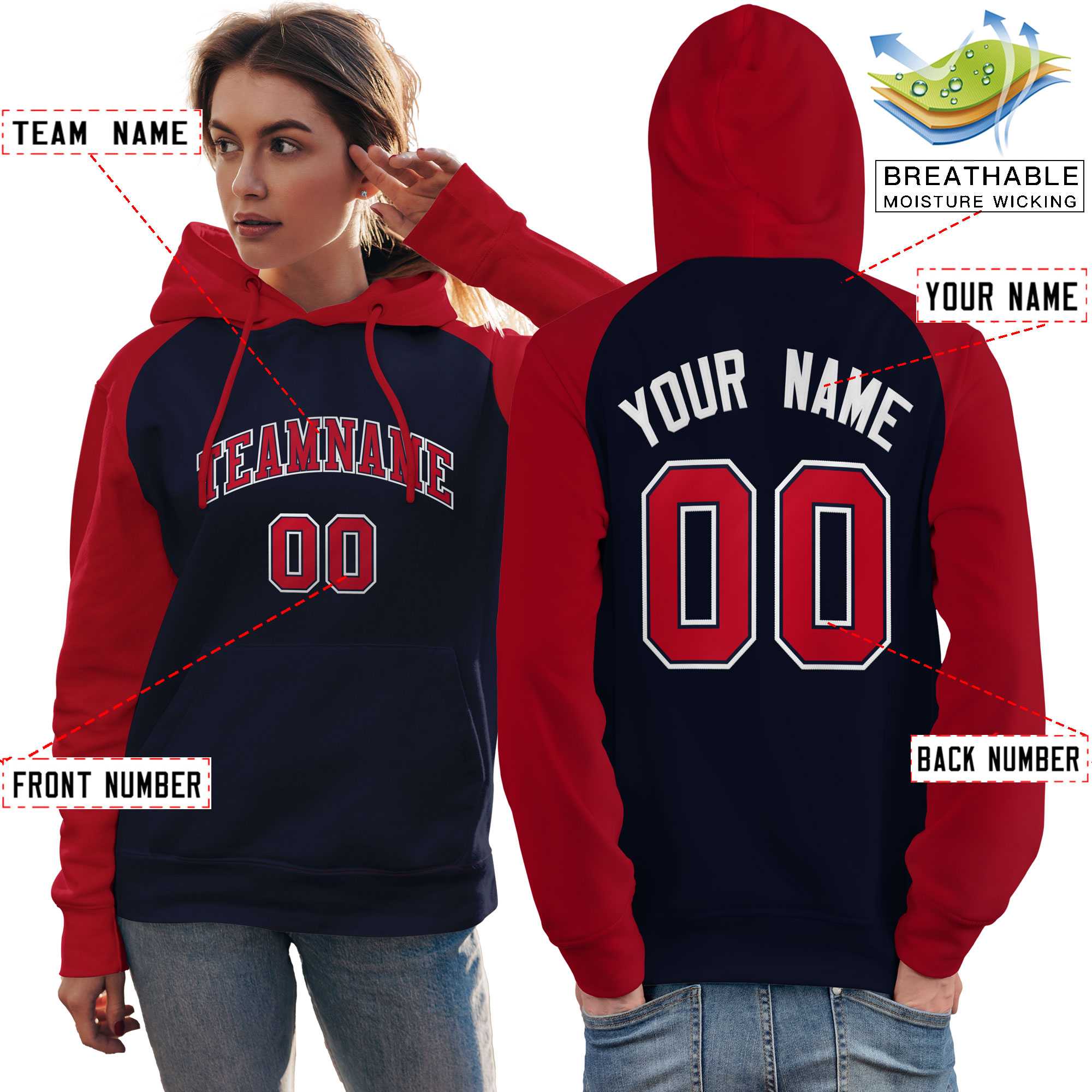 Custom Stitched Navy Red Raglan Sleeves Sports Pullover Sweatshirt Hoodie For Women