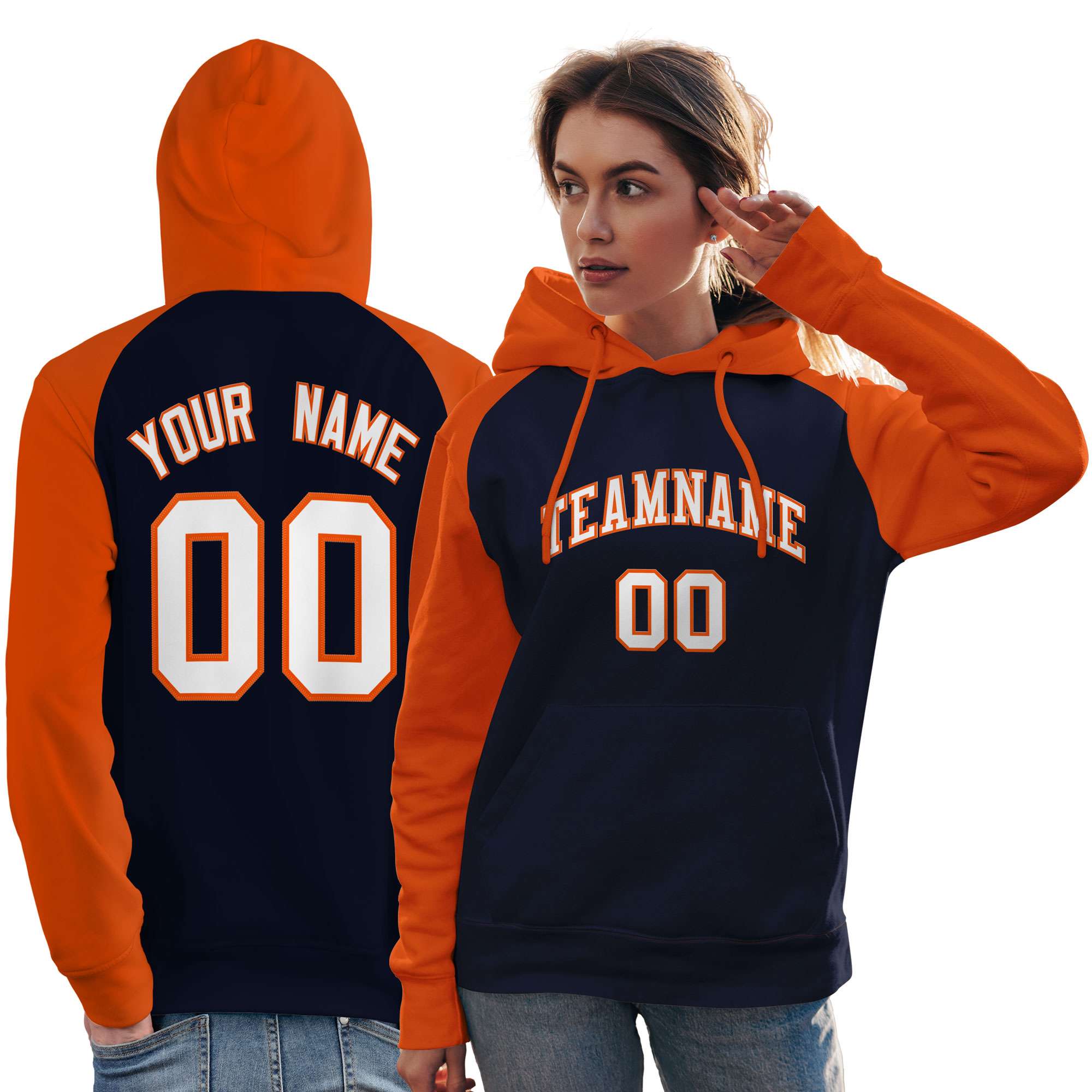 Custom Stitched Navy Orange-White Raglan Sleeves Sports Pullover Sweatshirt Hoodie For Women