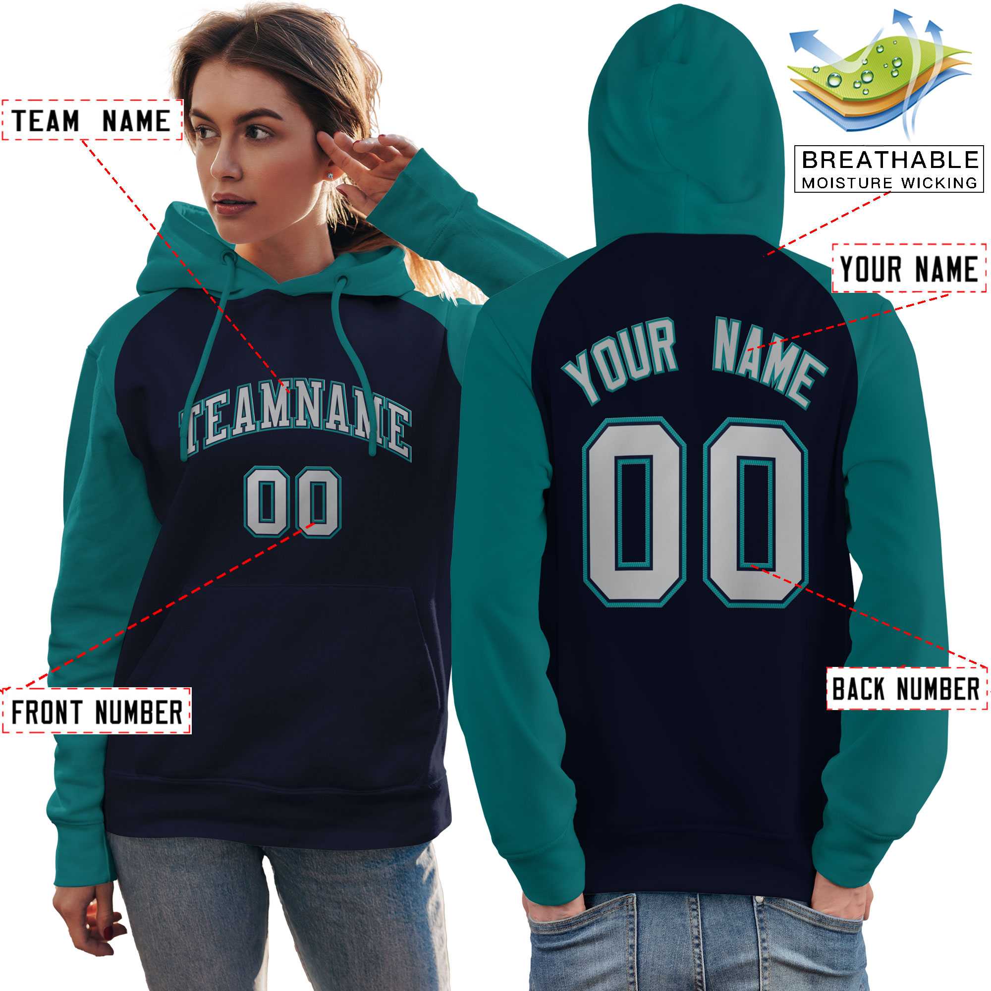 Custom Stitched Navy Aqua-Gray Raglan Sleeves Sports Pullover Sweatshirt Hoodie For Women