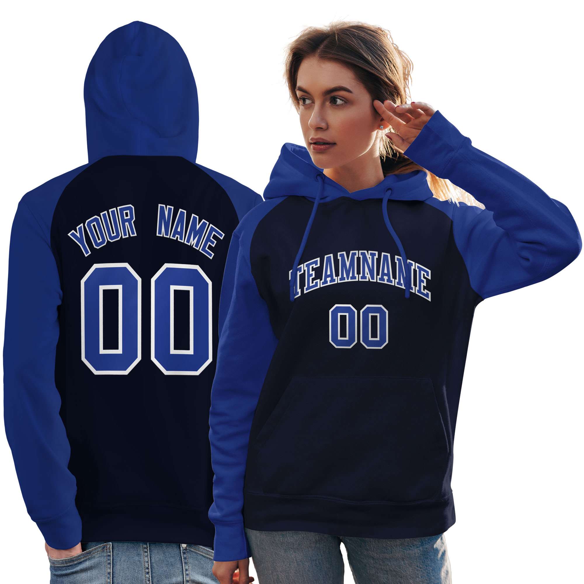 Custom Stitched Navy Royal Raglan Sleeves Sports Pullover Sweatshirt Hoodie For Women