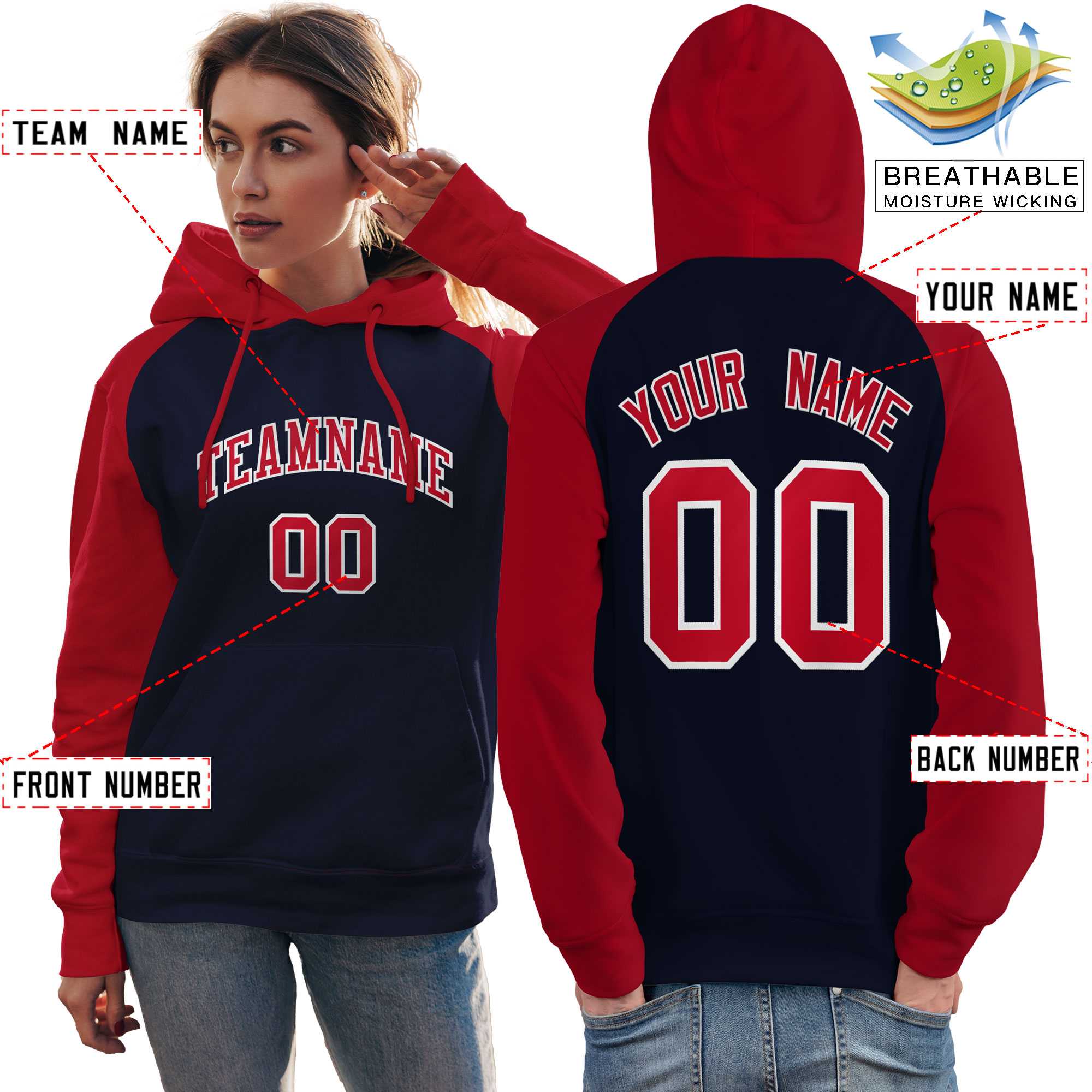 Custom Stitched Navy Red Raglan Sleeves Sports Pullover Sweatshirt Hoodie For Women