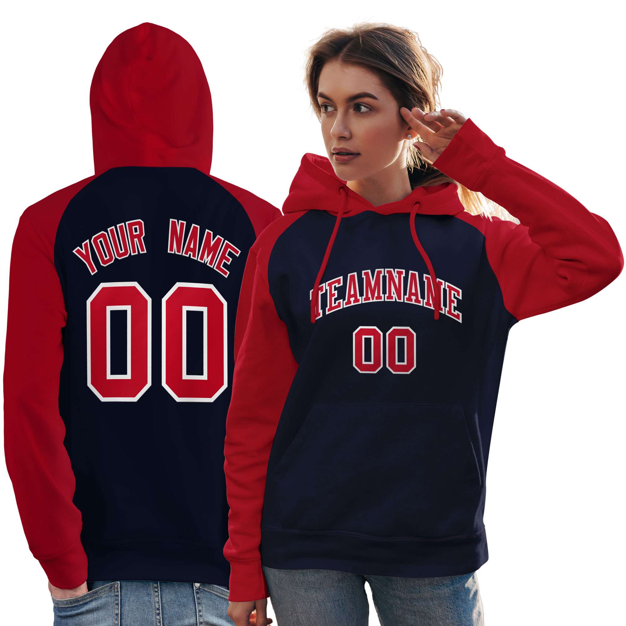 Custom Stitched Navy Red Raglan Sleeves Sports Pullover Sweatshirt Hoodie For Women