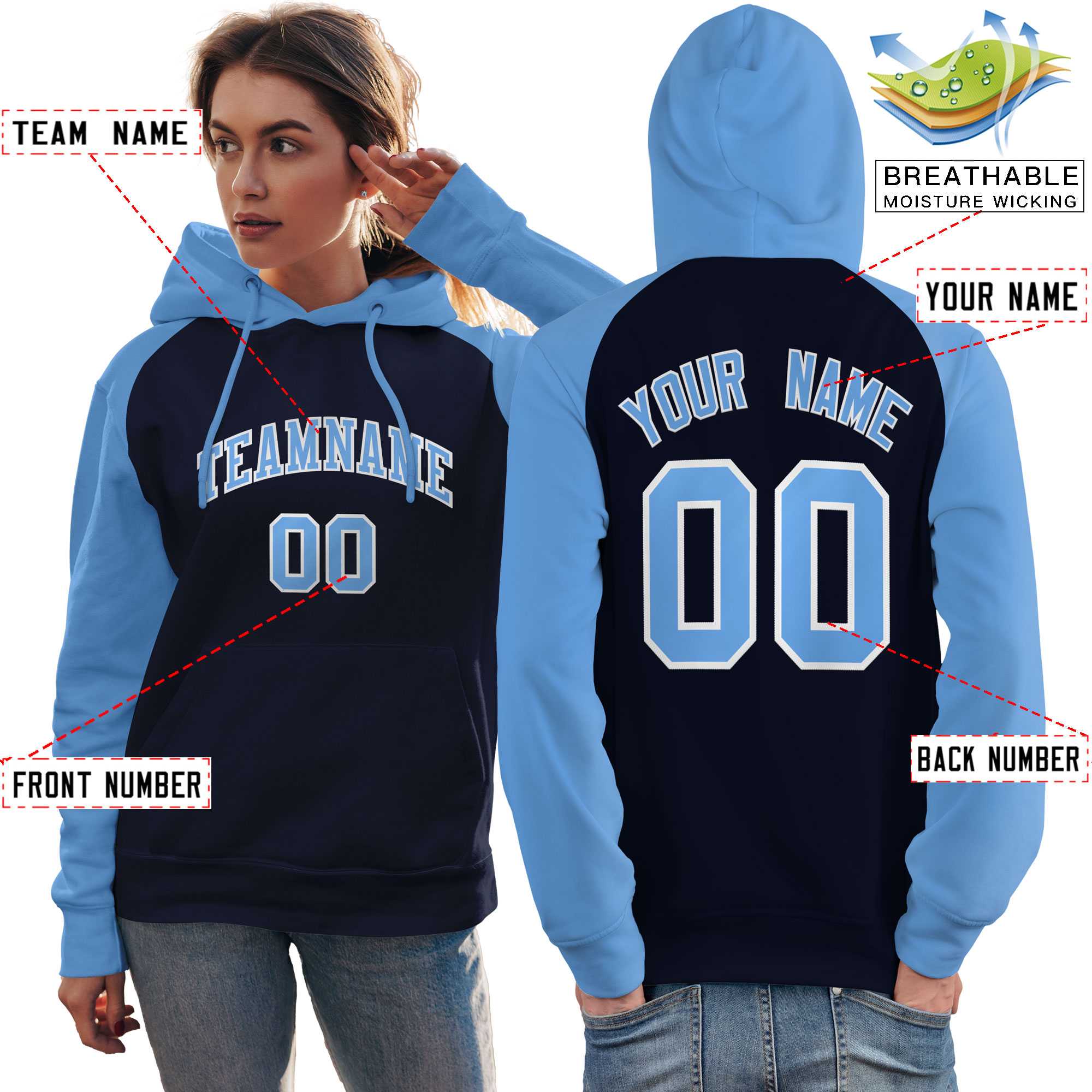 Custom Stitched Navy Powder Blue Raglan Sleeves Sports Pullover Sweatshirt Hoodie For Women