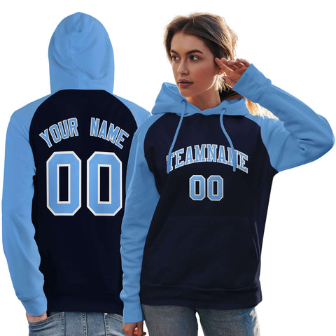 Custom Stitched Navy Powder Blue Raglan Sleeves Sports Pullover Sweatshirt Hoodie For Women