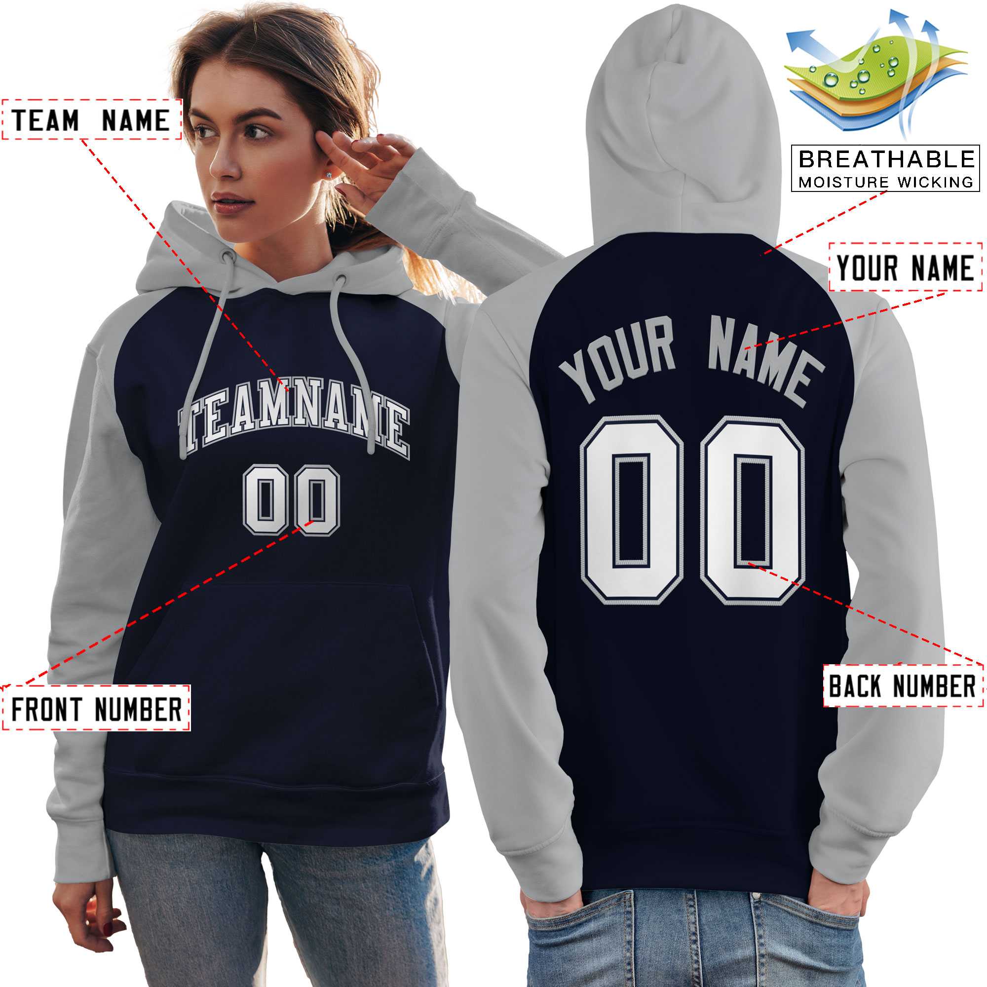 Custom Stitched Navy Gray-White Raglan Sleeves Sports Pullover Sweatshirt Hoodie For Women