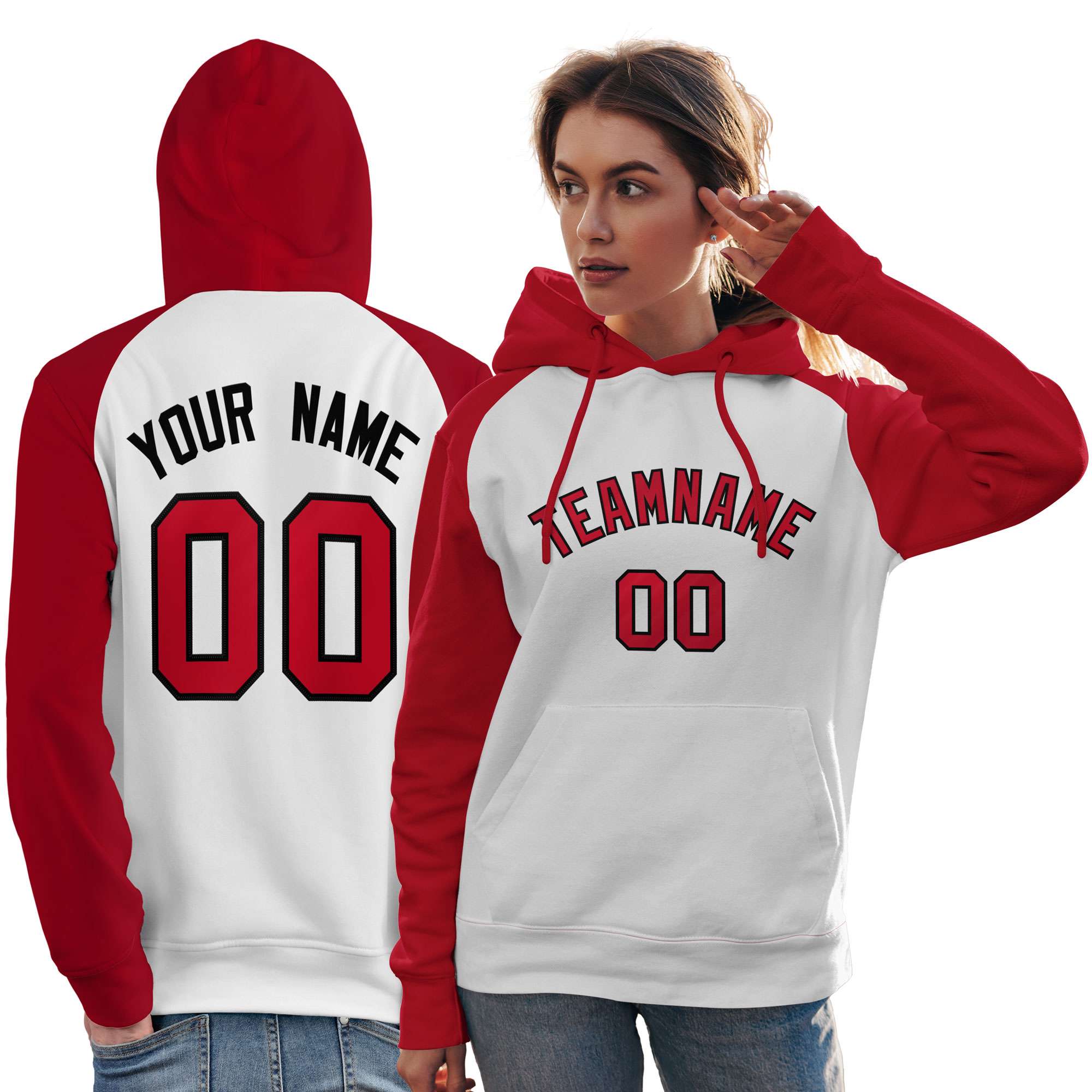 Custom Stitched White Red Raglan Sleeves Sports Pullover Sweatshirt Hoodie For Women