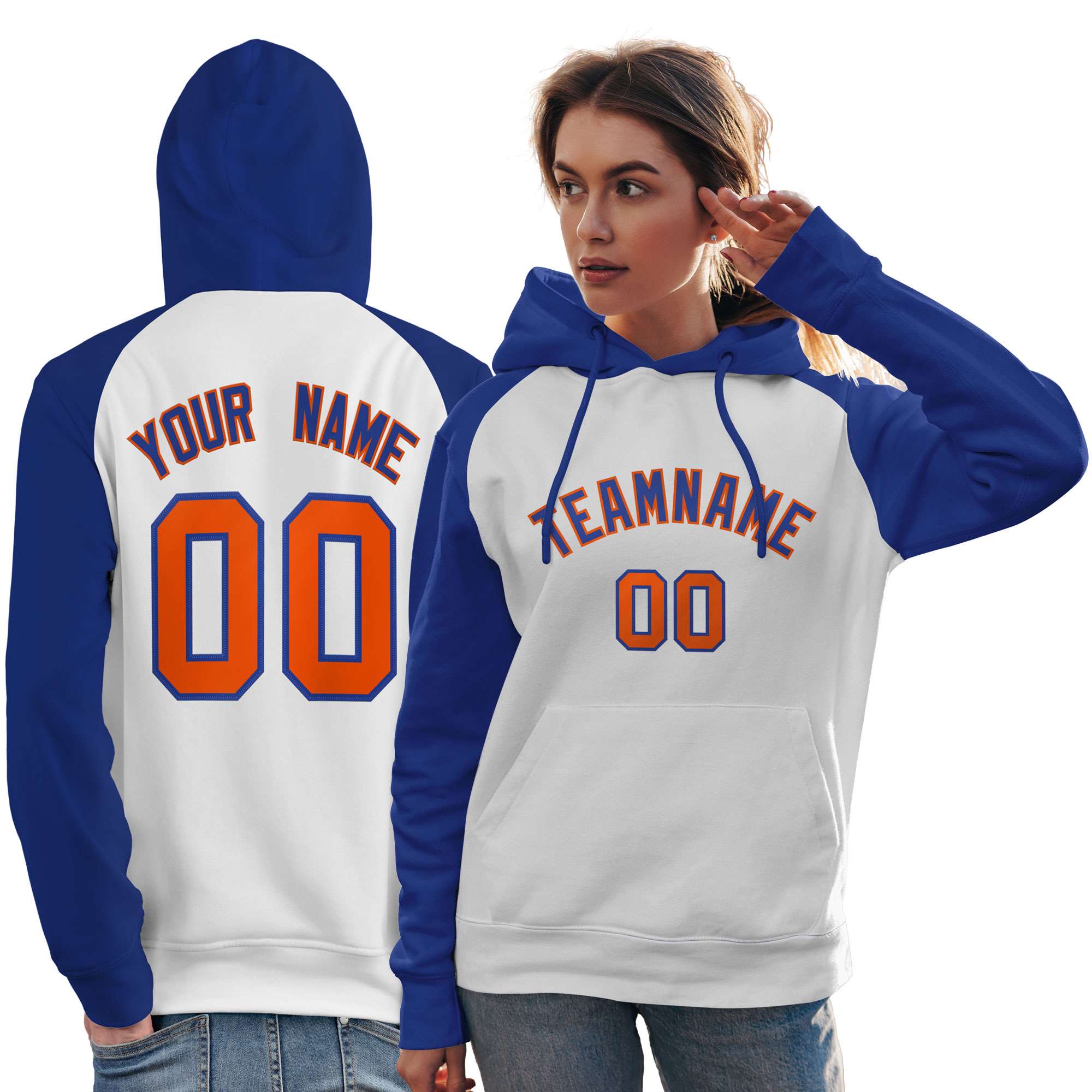 Custom Stitched White Royal Raglan Sleeves Sports Pullover Sweatshirt Hoodie For Women