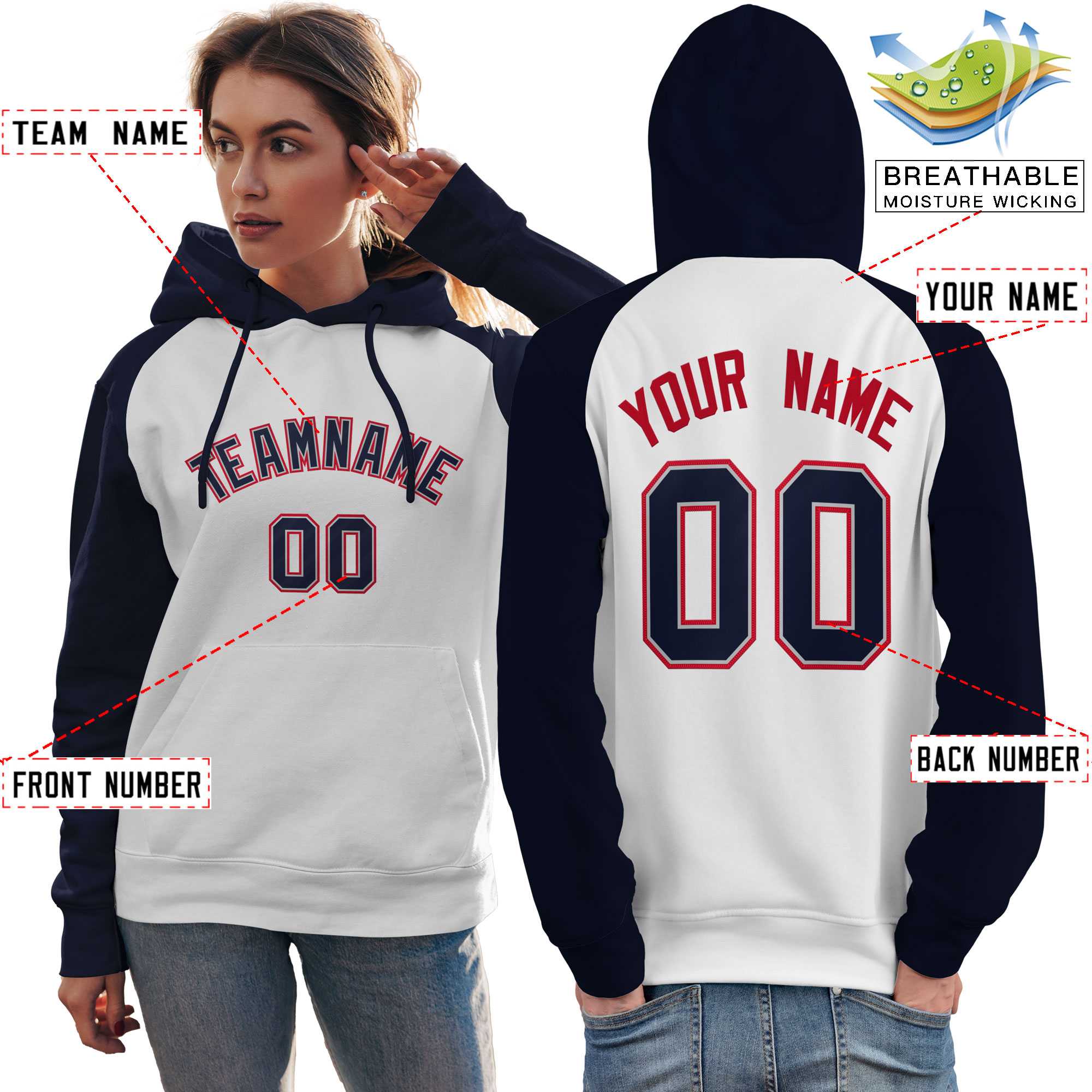 Custom Stitched White Navy Raglan Sleeves Sports Pullover Sweatshirt Hoodie For Women