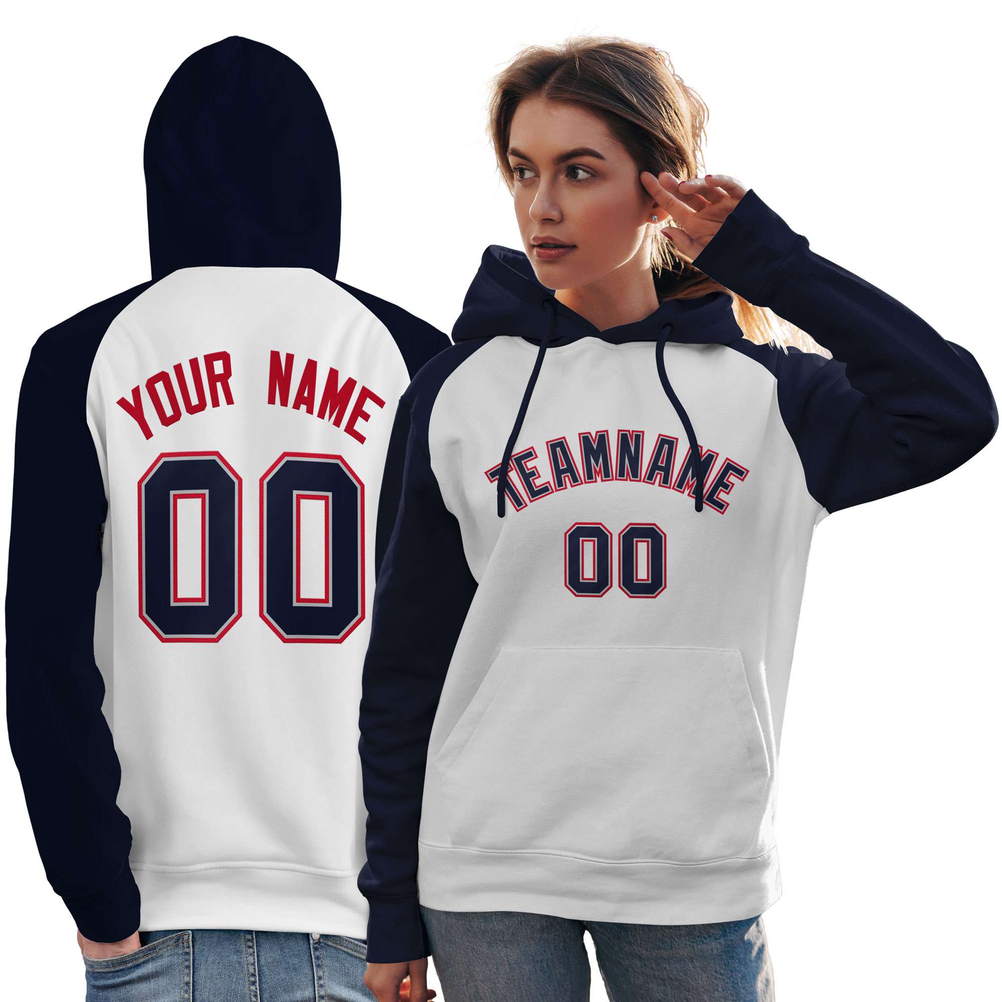 Custom Stitched White Navy Raglan Sleeves Sports Pullover Sweatshirt Hoodie For Women