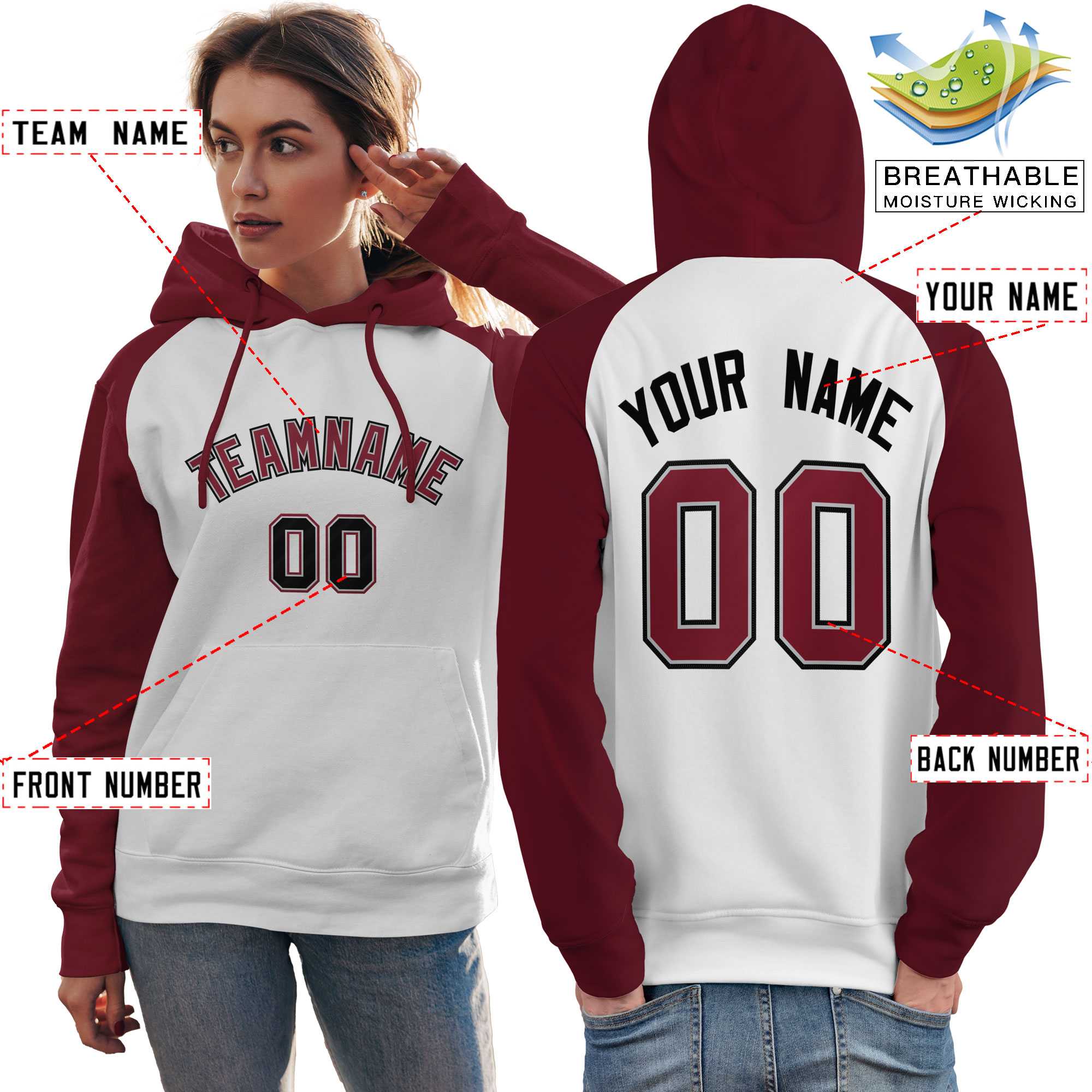 Custom Stitched White Crimson Raglan Sleeves Sports Pullover Sweatshirt Hoodie For Women