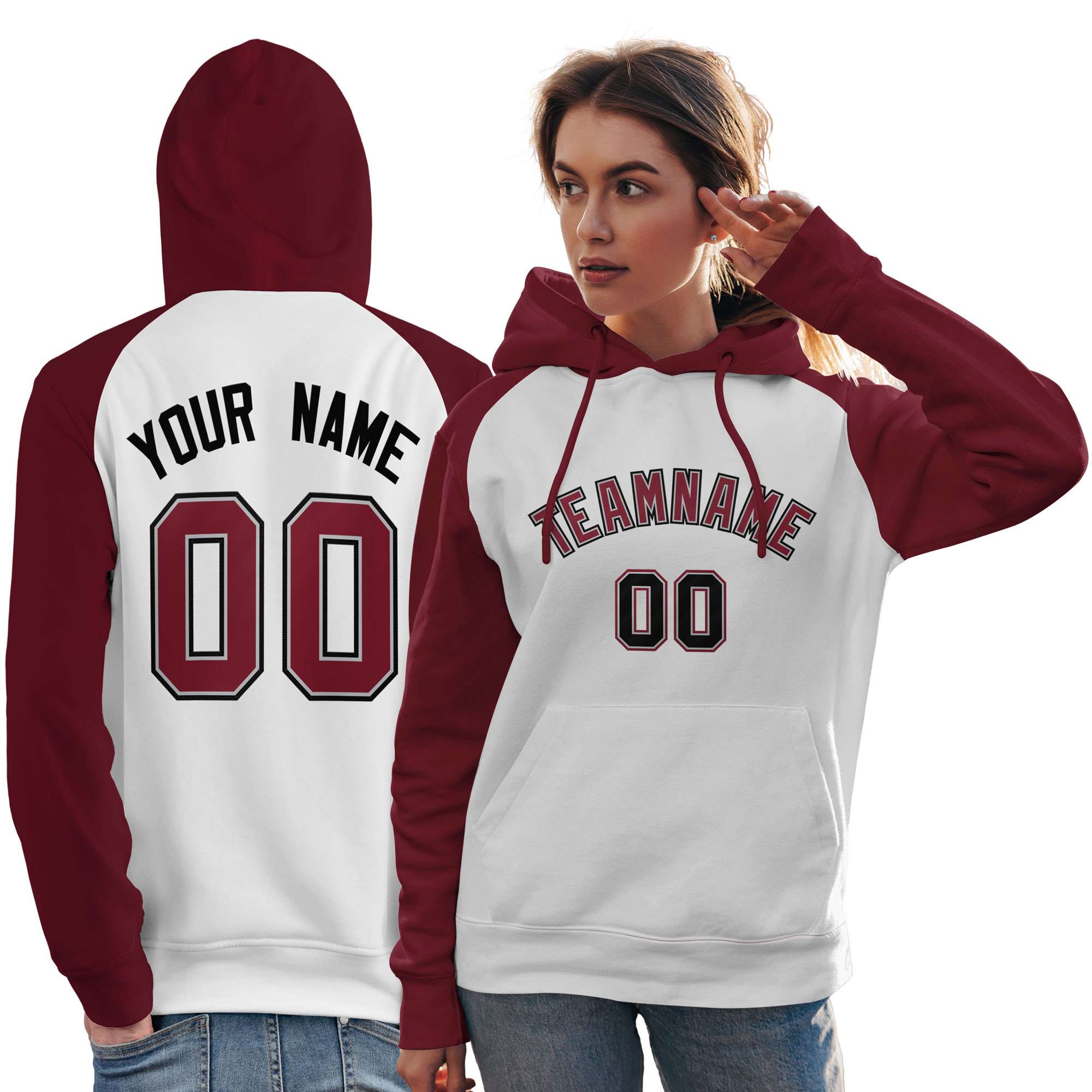 Custom Stitched White Crimson Raglan Sleeves Sports Pullover Sweatshirt Hoodie For Women