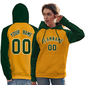 Custom Stitched Gold Green Raglan Sleeves Sports Pullover Sweatshirt Hoodie For Women