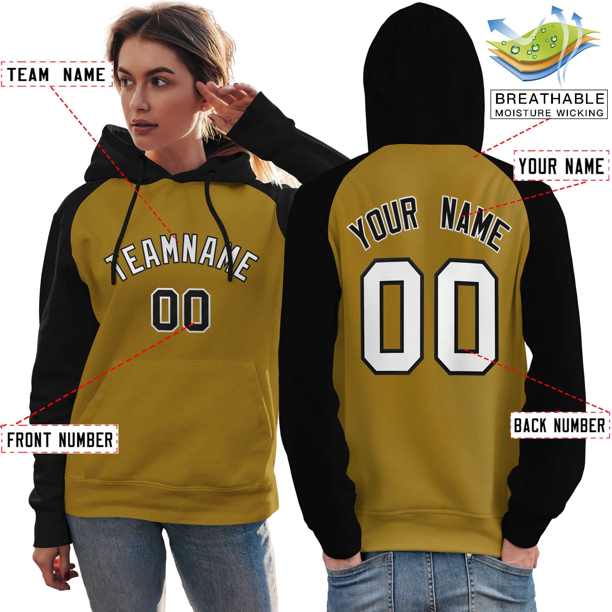 Custom Stitched Old Gold Black-White Raglan Sleeves Sports Pullover Sweatshirt Hoodie For Women