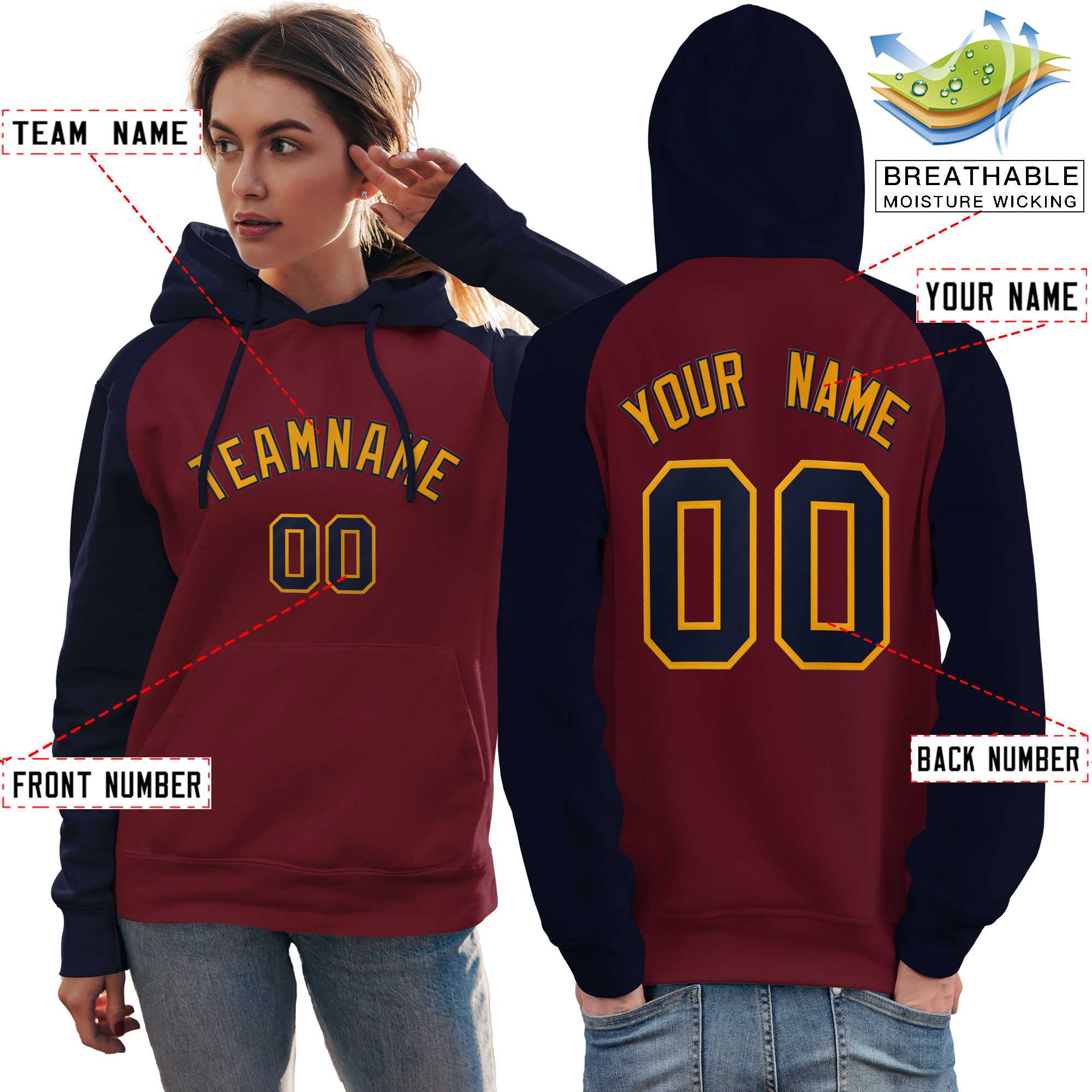 Custom Stitched Crimson Navy-Gold Raglan Sleeves Sports Pullover Sweatshirt Hoodie For Women