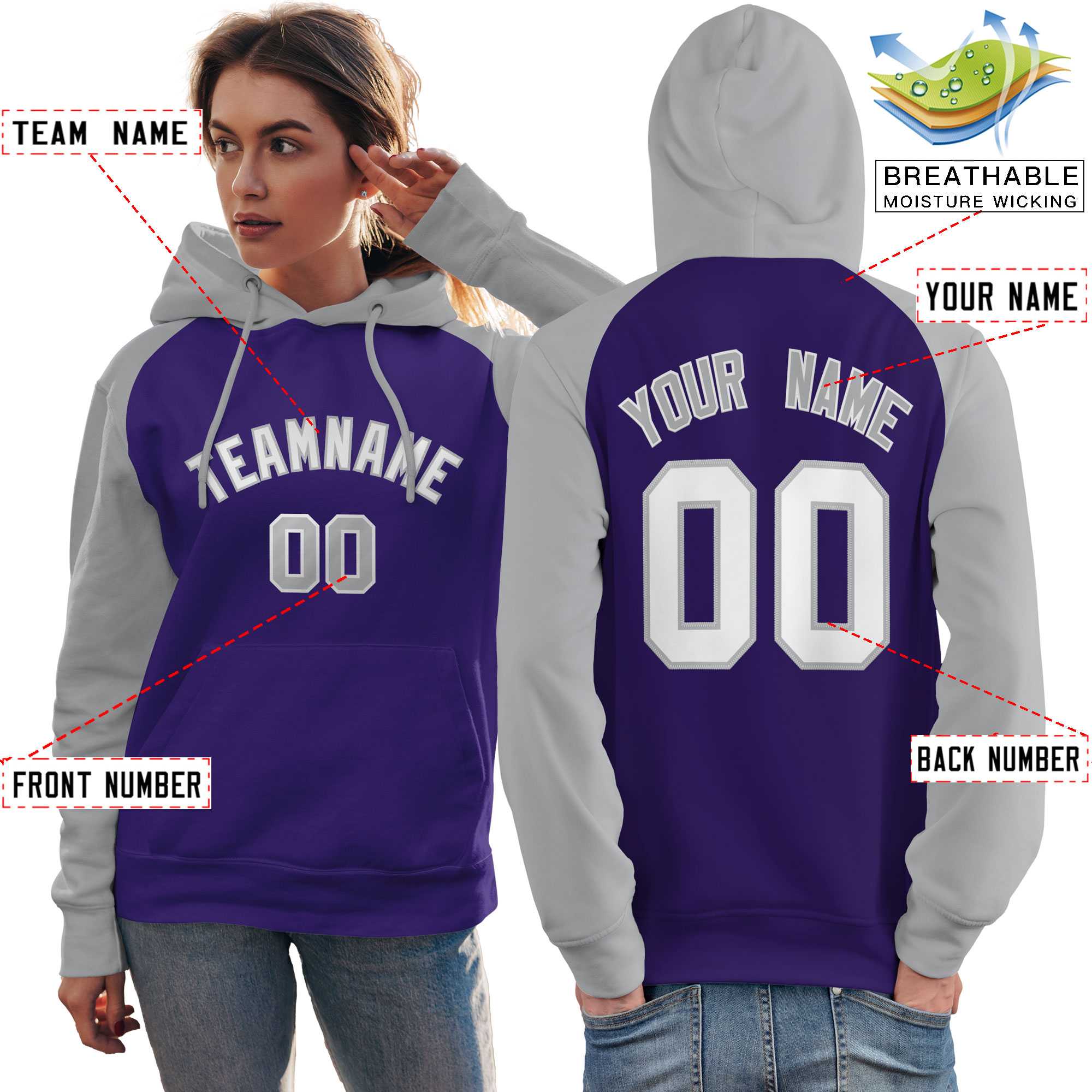 Custom Stitched Purple Gray-White Raglan Sleeves Sports Pullover Sweatshirt Hoodie For Women