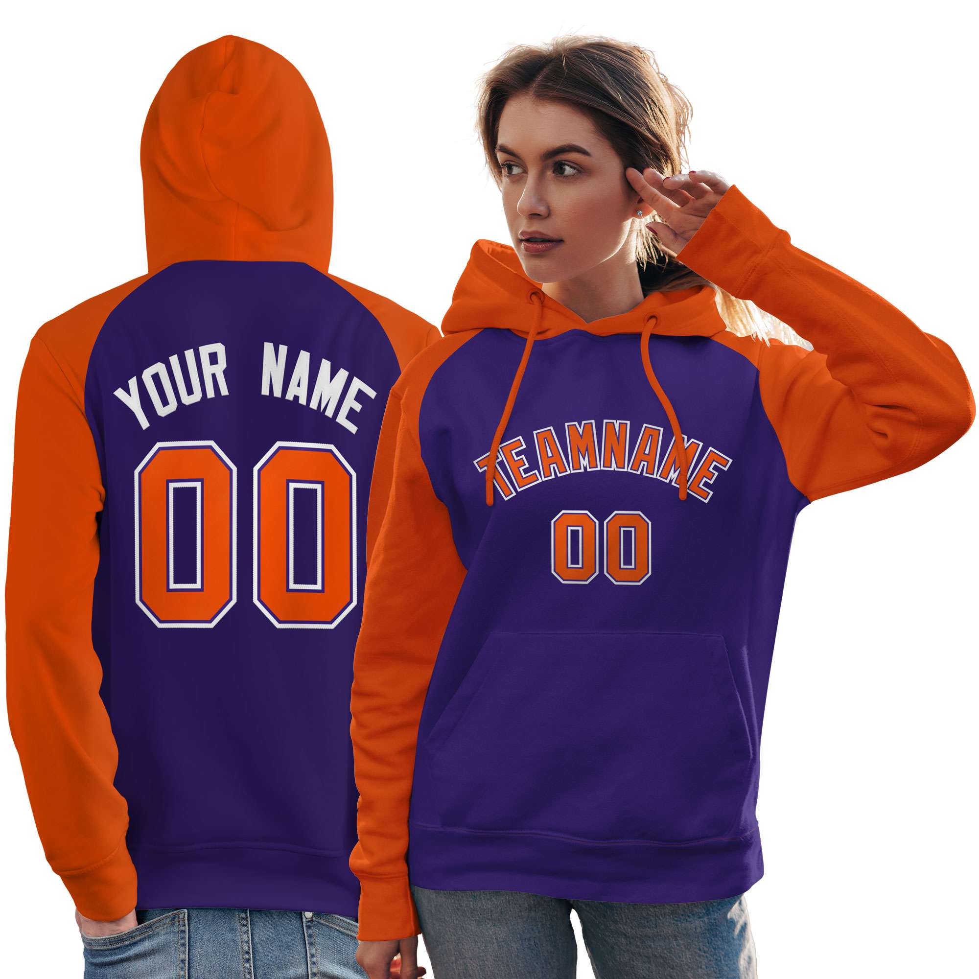 Custom Stitched Purple Orange Raglan Sleeves Sports Pullover Sweatshirt Hoodie For Women