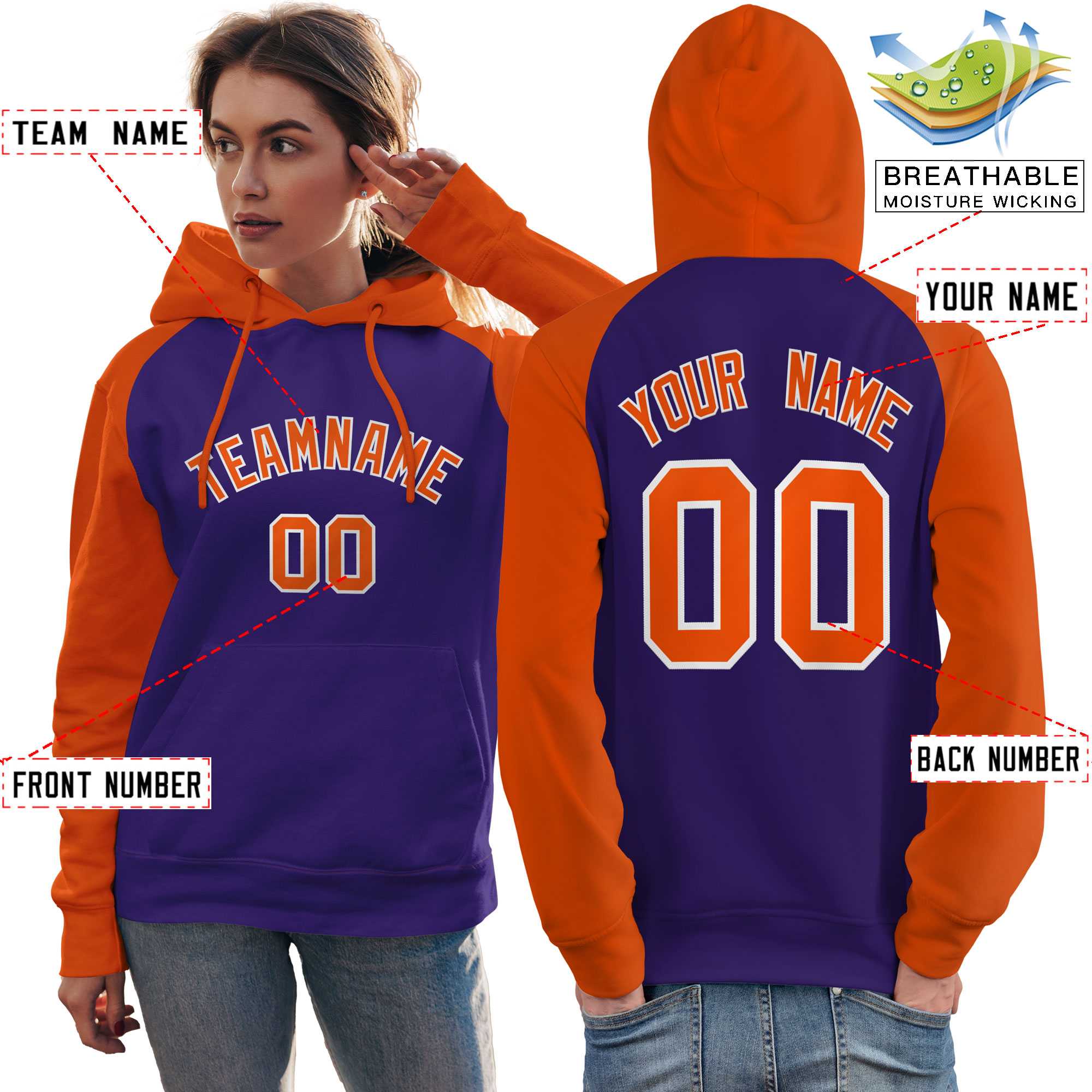 Custom Stitched Purple Orange Raglan Sleeves Sports Pullover Sweatshirt Hoodie For Women