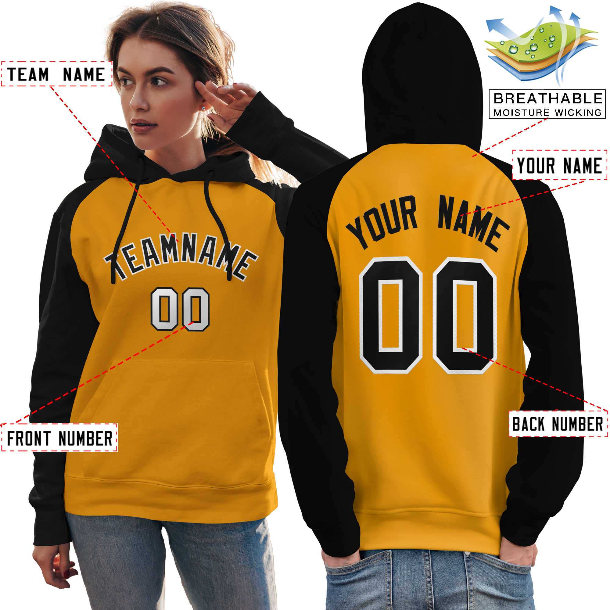 Custom Stitched Gold Black Raglan Sleeves Sports Pullover Sweatshirt Hoodie For Women