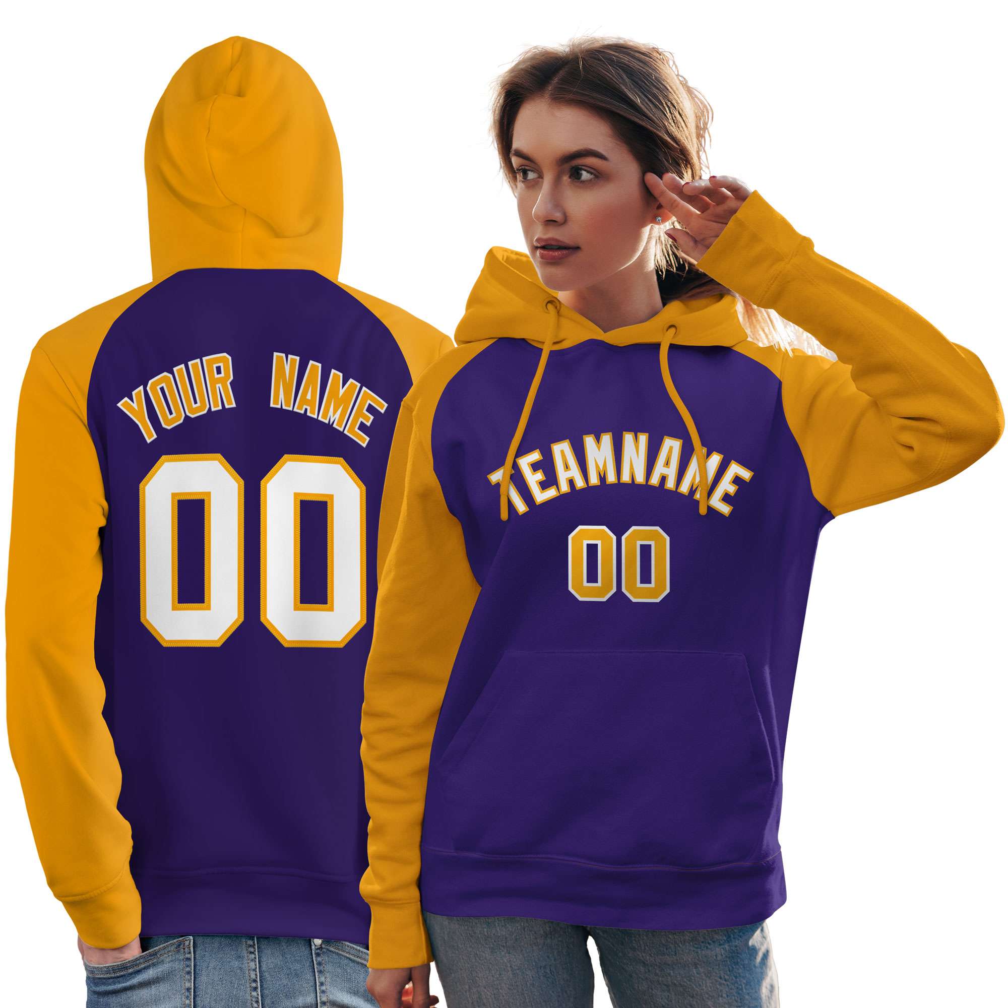 Custom Stitched Purple Gold-White Raglan Sleeves Sports Pullover Sweatshirt Hoodie For Women