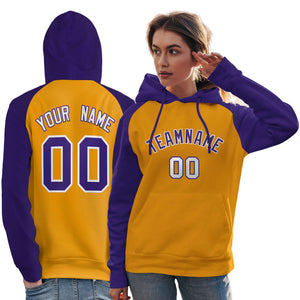 Custom Stitched Gold Purple Raglan Sleeves Sports Pullover Sweatshirt Hoodie For Women