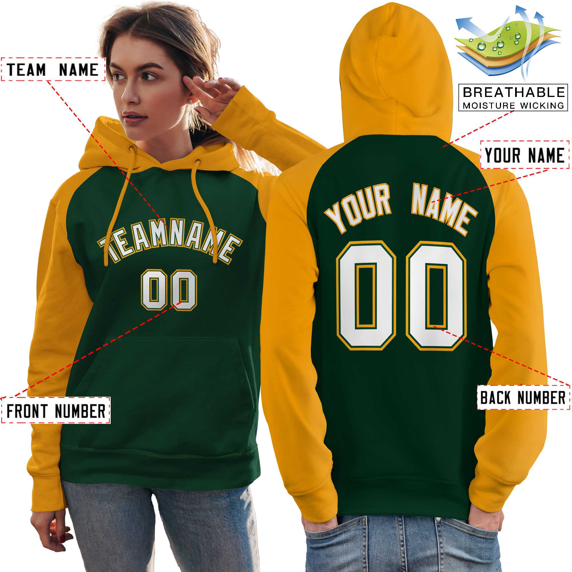 Custom Stitched Green Gold-White Raglan Sleeves Sports Pullover Sweatshirt Hoodie For Women