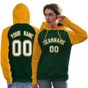 Custom Stitched Green Gold-White Raglan Sleeves Sports Pullover Sweatshirt Hoodie For Women