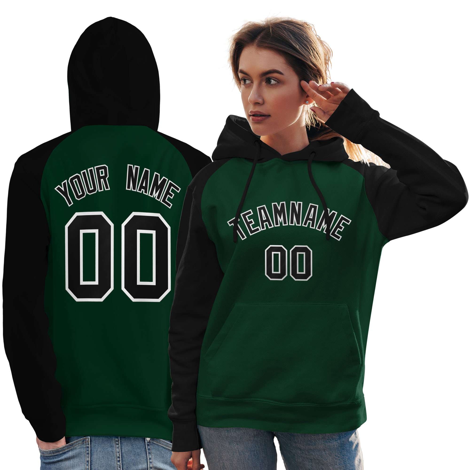 Custom Stitched Green Black Raglan Sleeves Sports Pullover Sweatshirt Hoodie For Women