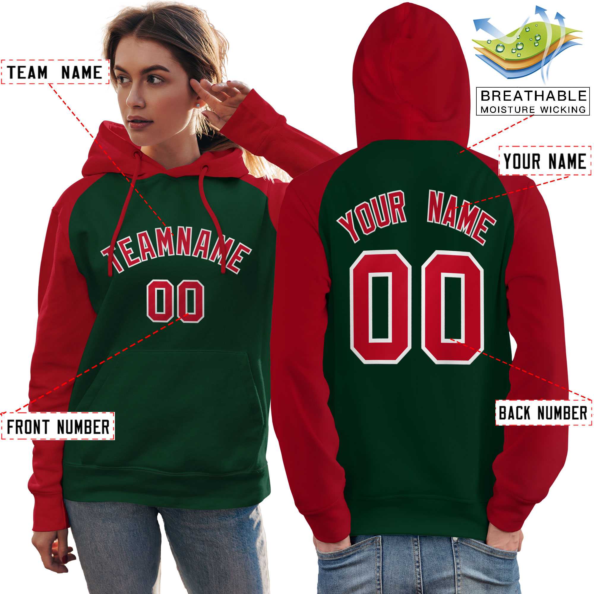 Custom Stitched Green Red Raglan Sleeves Sports Pullover Sweatshirt Hoodie For Women