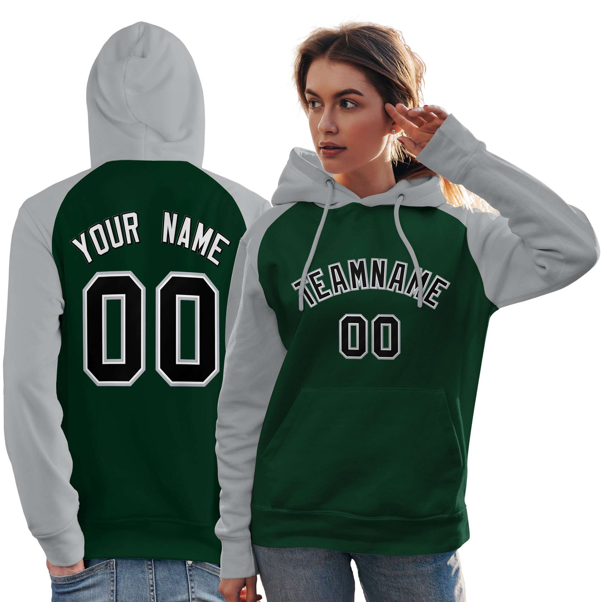 Custom Stitched Green Gray-Black Raglan Sleeves Sports Pullover Sweatshirt Hoodie For Women