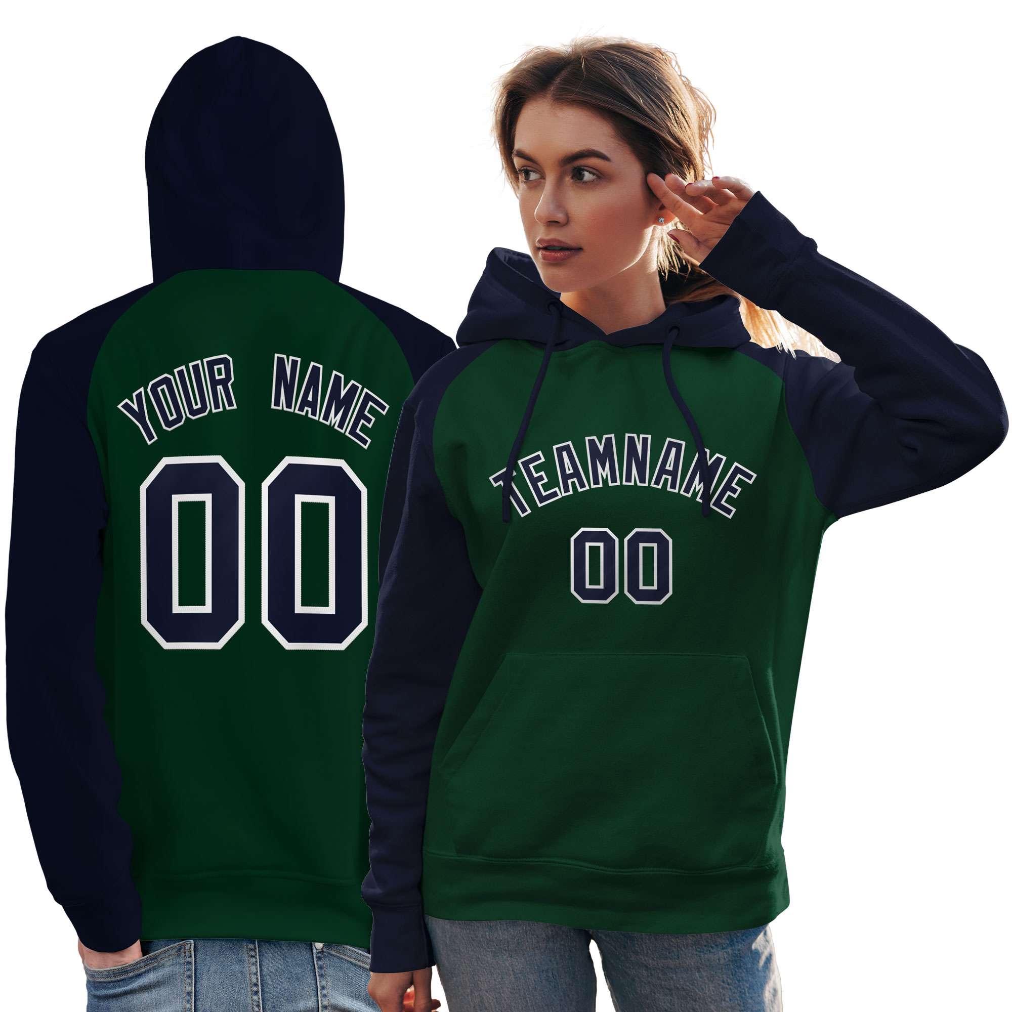 Custom Stitched Green Navy Raglan Sleeves Sports Pullover Sweatshirt Hoodie For Women