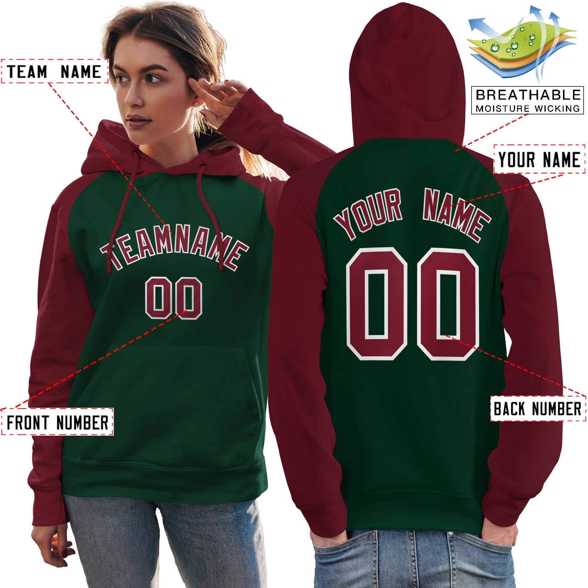 Custom Stitched Green Crimson Raglan Sleeves Sports Pullover Sweatshirt Hoodie For Women