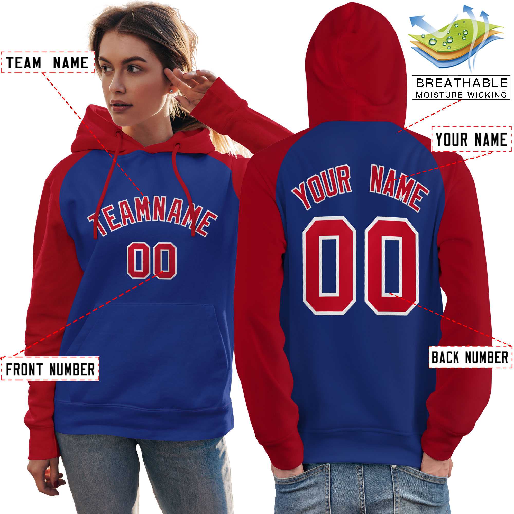 Custom Stitched Royal Red Raglan Sleeves Sports Pullover Sweatshirt Hoodie For Women