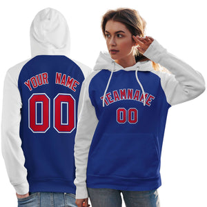 Custom Stitched Royal White-Red Raglan Sleeves Sports Pullover Sweatshirt Hoodie For Women