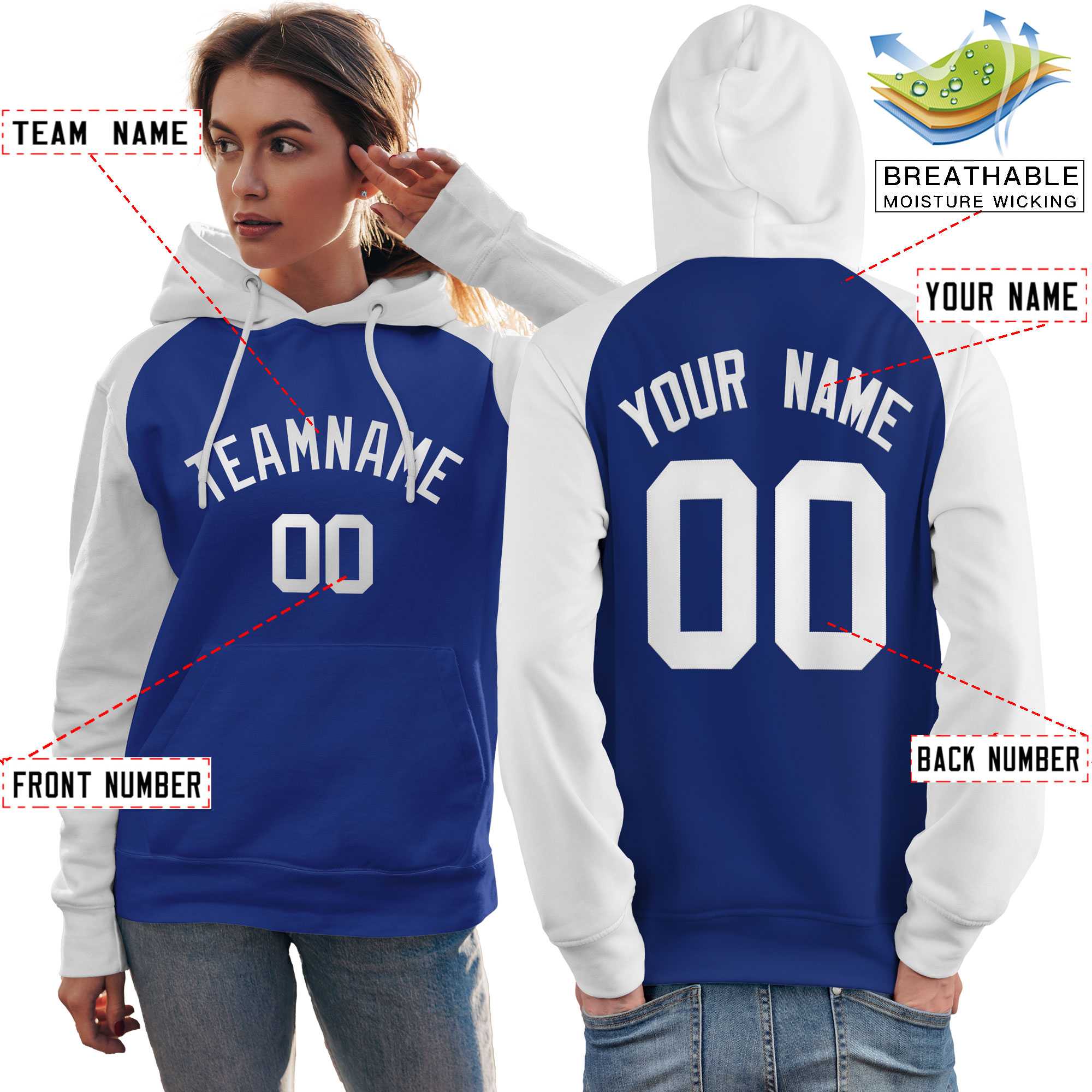 Custom Stitched Royal White Raglan Sleeves Sports Pullover Sweatshirt Hoodie For Women