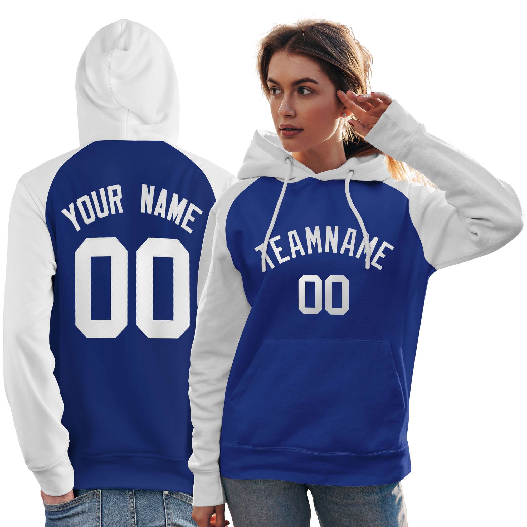 Custom Stitched Royal White Raglan Sleeves Sports Pullover Sweatshirt Hoodie For Women