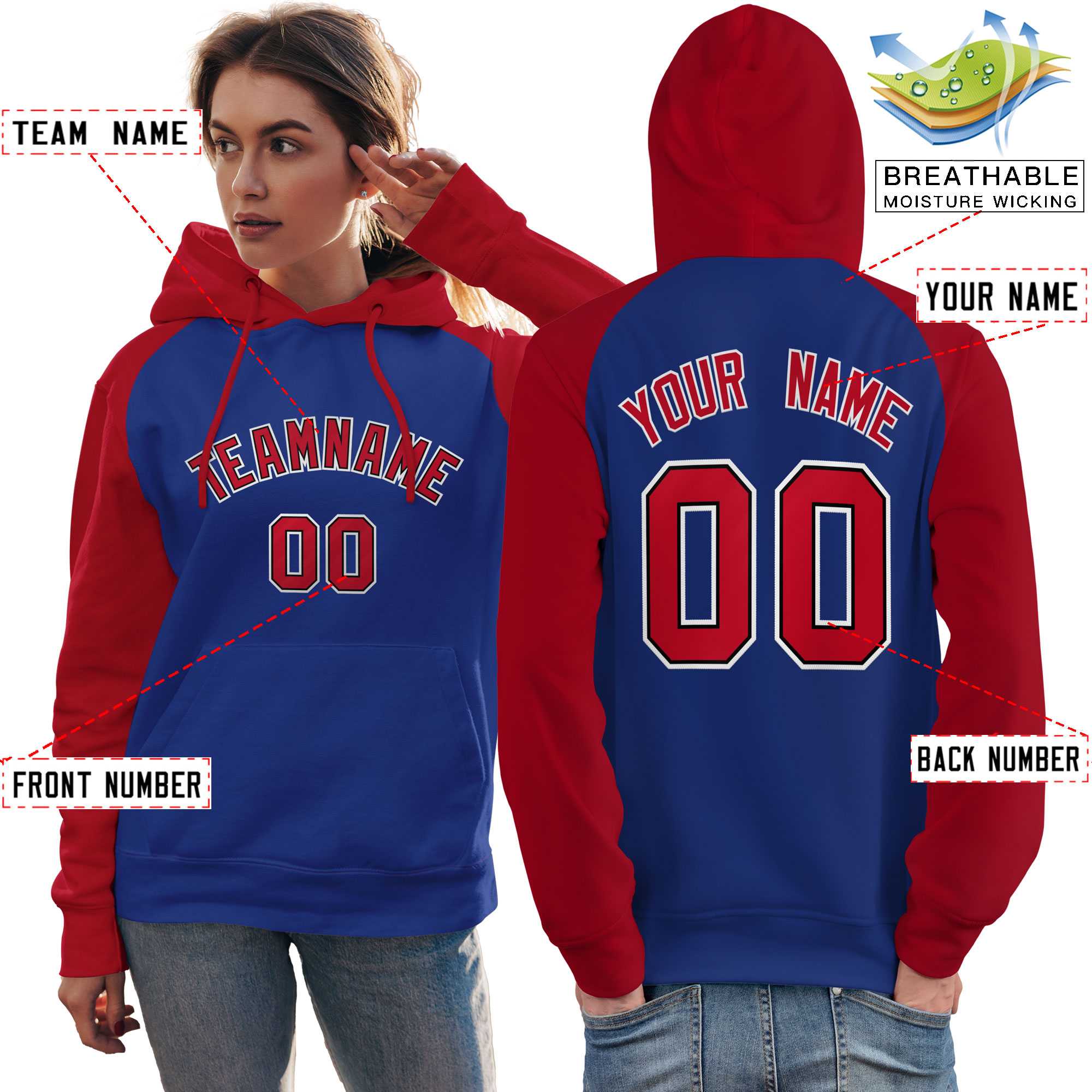 Custom Stitched Royal Red Raglan Sleeves Sports Pullover Sweatshirt Hoodie For Women