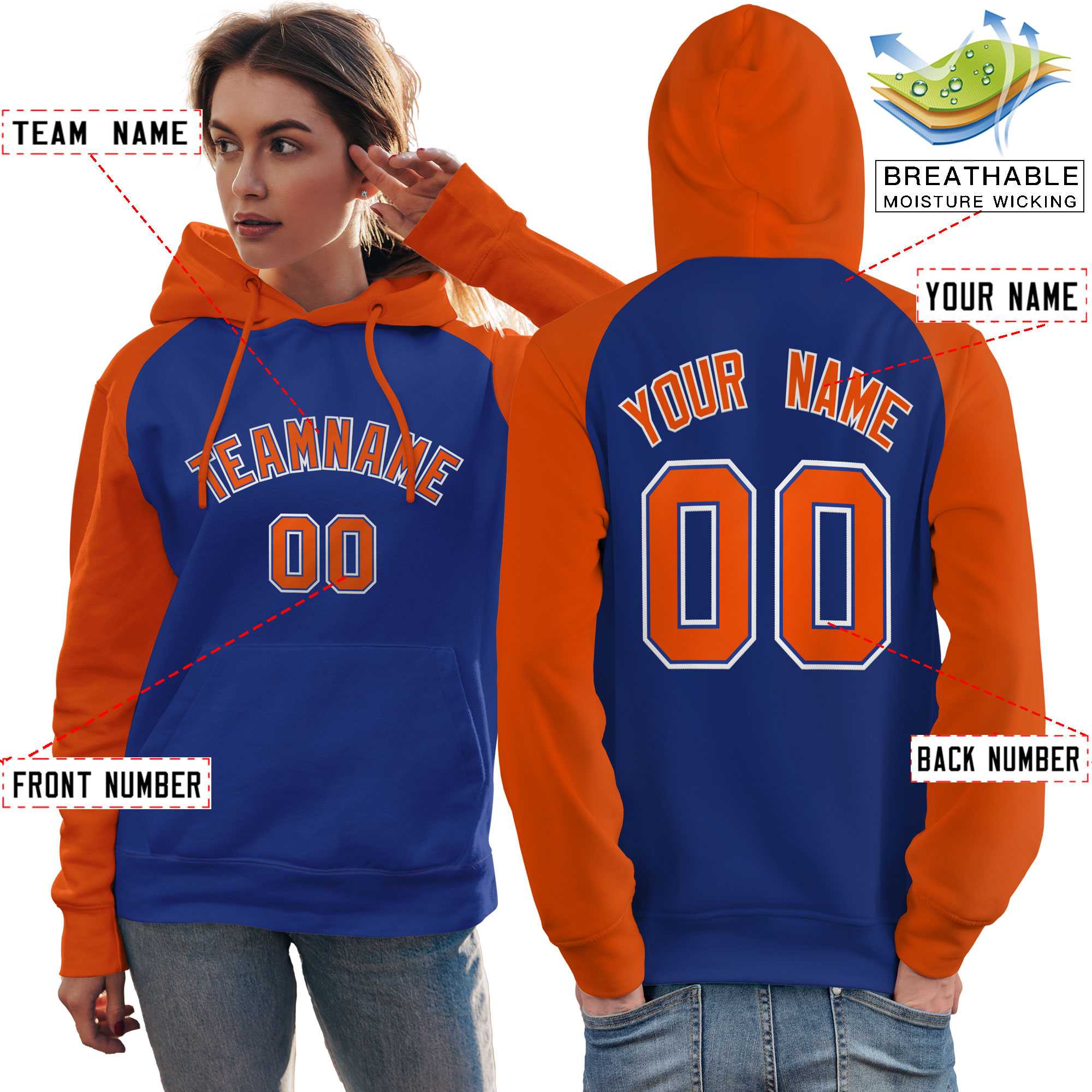 Custom Stitched Royal Orange Raglan Sleeves Sports Pullover Sweatshirt Hoodie For Women