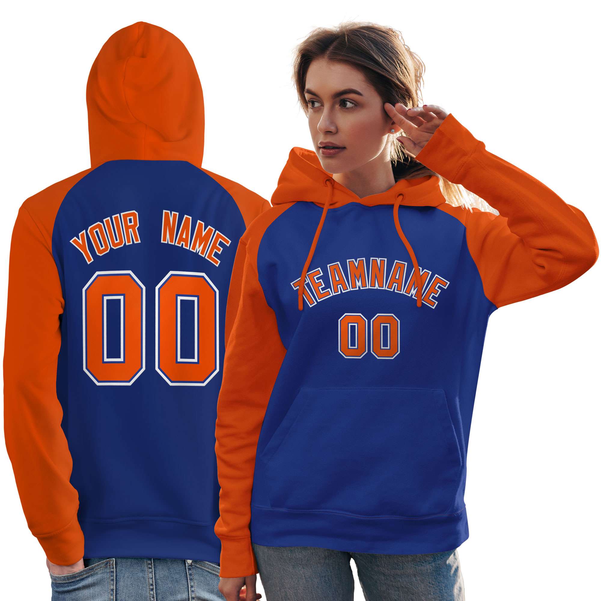 Custom Stitched Royal Orange Raglan Sleeves Sports Pullover Sweatshirt Hoodie For Women