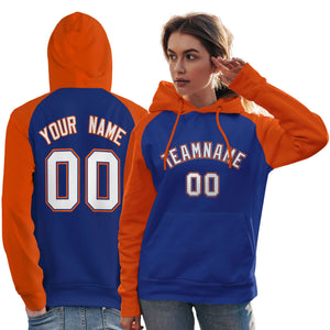 Custom Stitched Royal Orange-White Raglan Sleeves Sports Pullover Sweatshirt Hoodie For Women