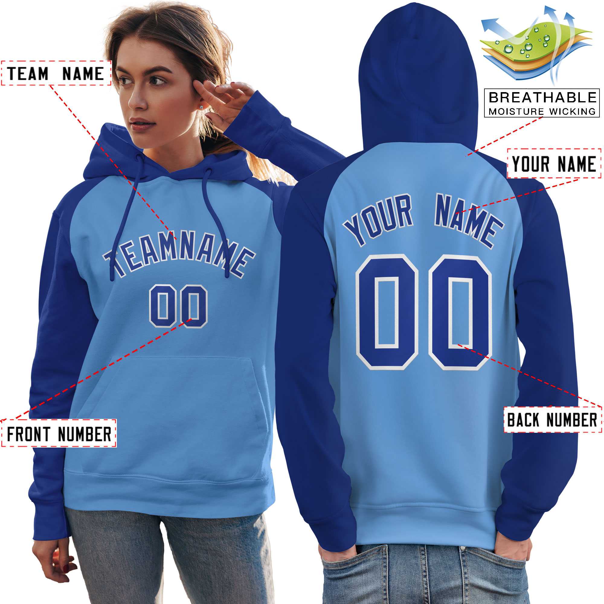 Custom Stitched Powder Blue Royal Raglan Sleeves Sports Pullover Sweatshirt Hoodie For Women