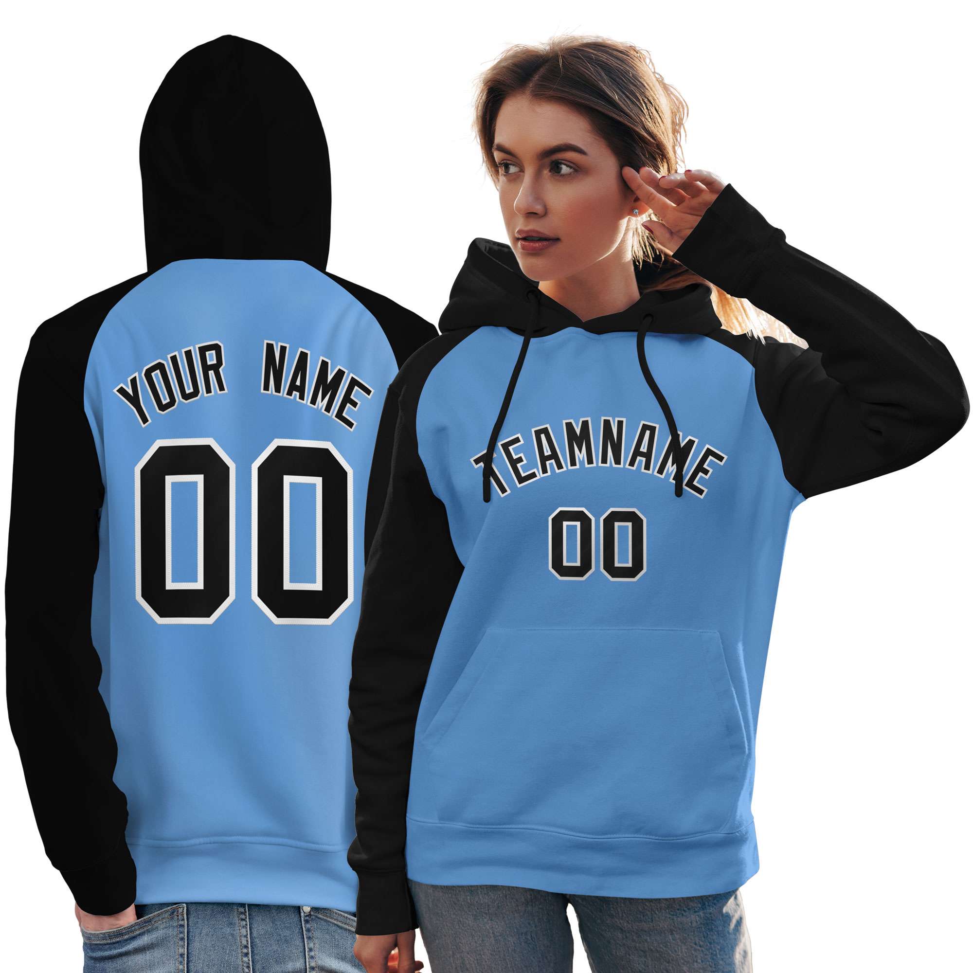 Custom Stitched Powder Blue Black Raglan Sleeves Sports Pullover Sweatshirt Hoodie For Women